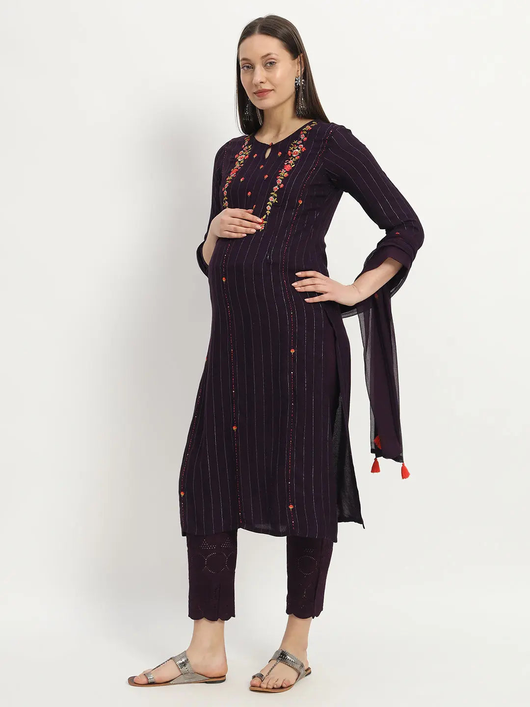 Viscose rayon yarn dyed embroidered kurta pant and dupatta set for maternity and feeding purpose  mumzhug 