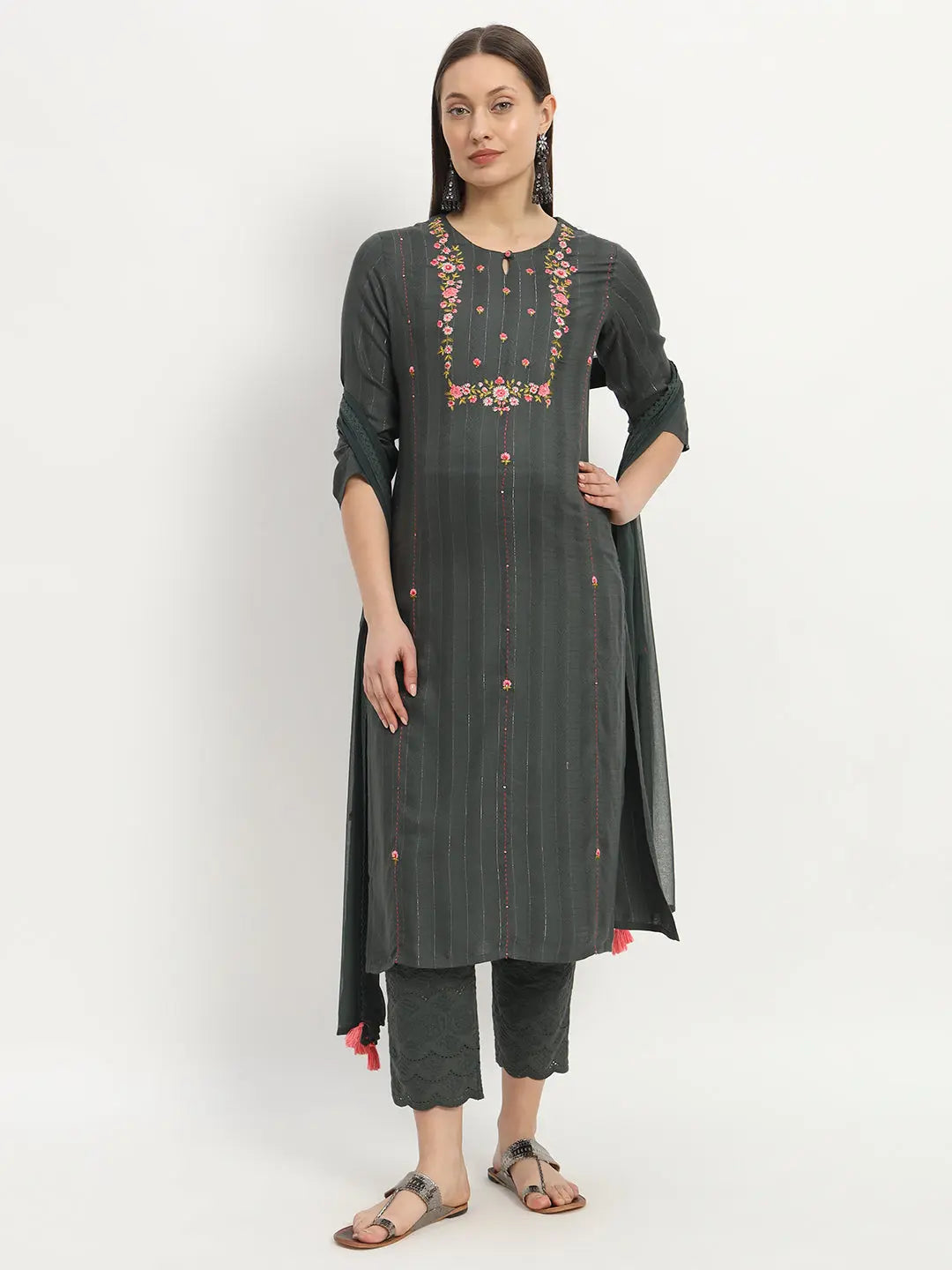 Viscose rayon yarn dyed embroidered kurta pant and dupatta set for maternity and feeding purpose mumzhug