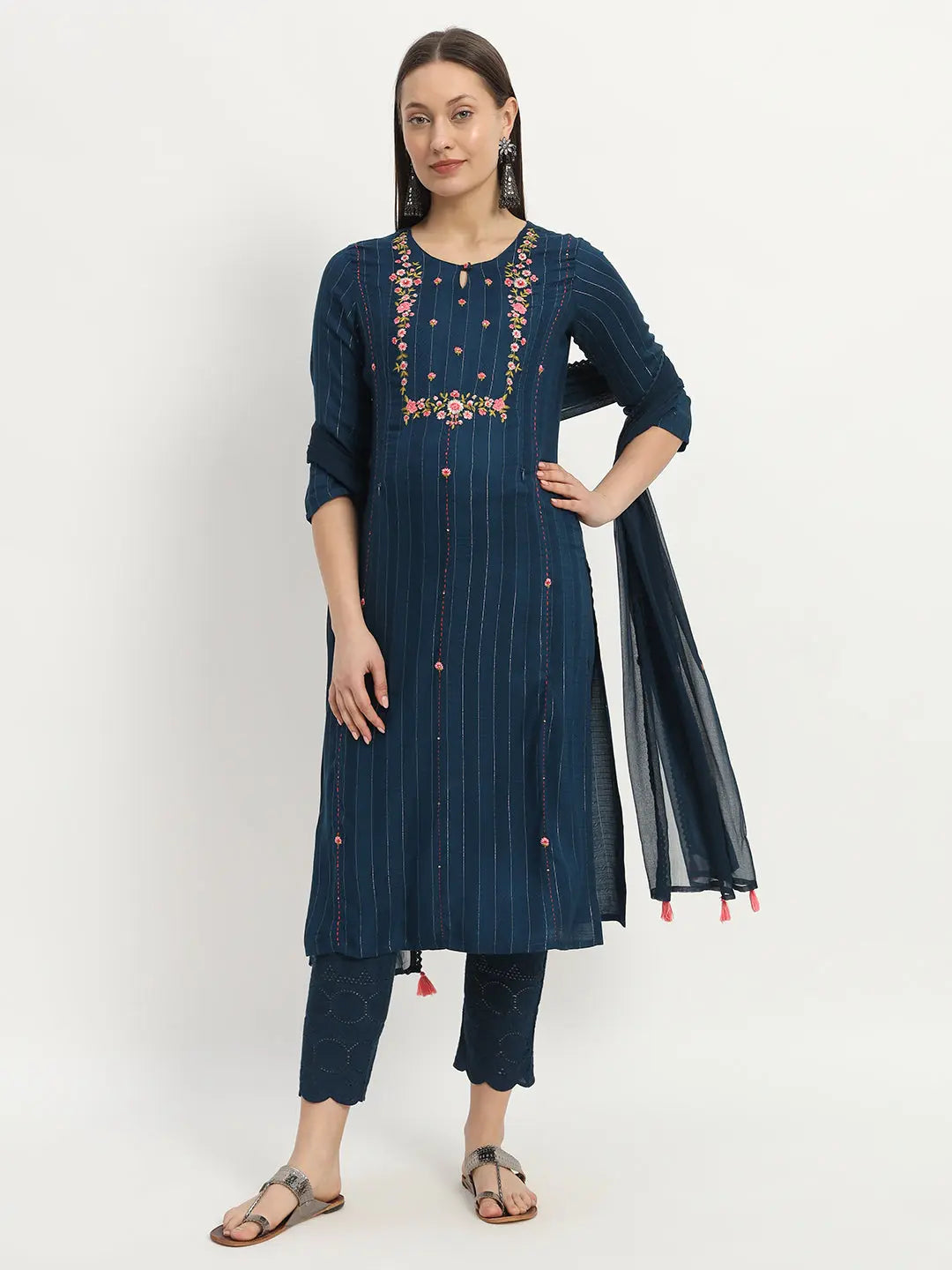 Viscose rayon yarn dyed embroidered kurta pant and dupatta set for maternity and feeding purpose  mumzhug 