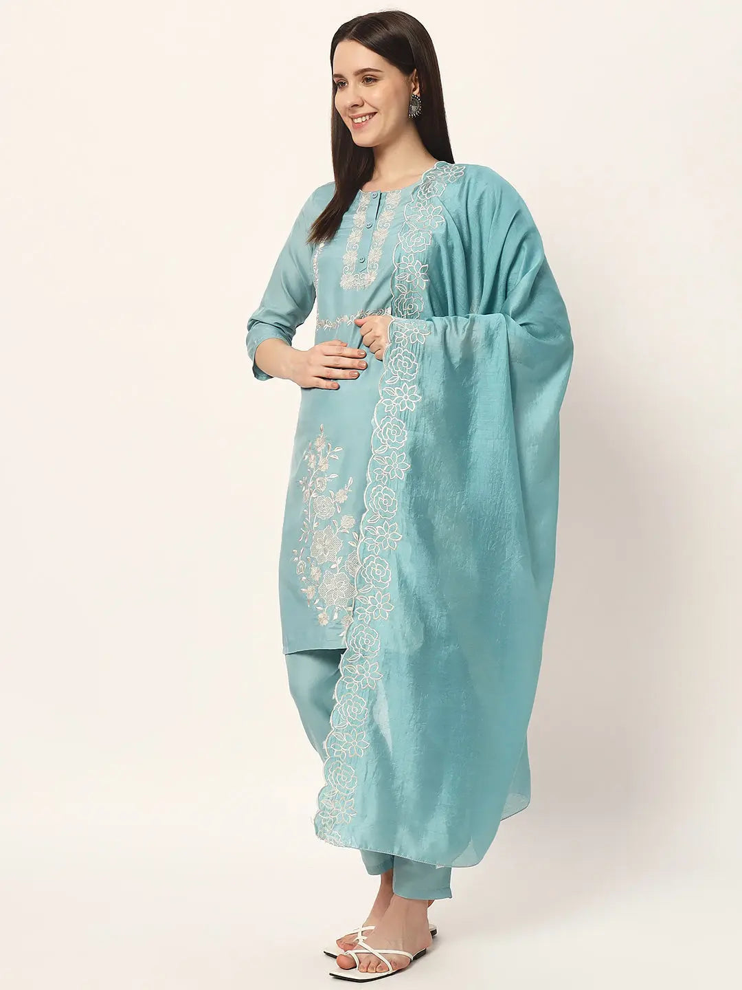 ROMAN SILK EMBROIDED KURTA PANT AND DUPATTA SET WITH ATTACHED LINING FOR FEEDING AND MATERNITY PURPOSE mumzhug