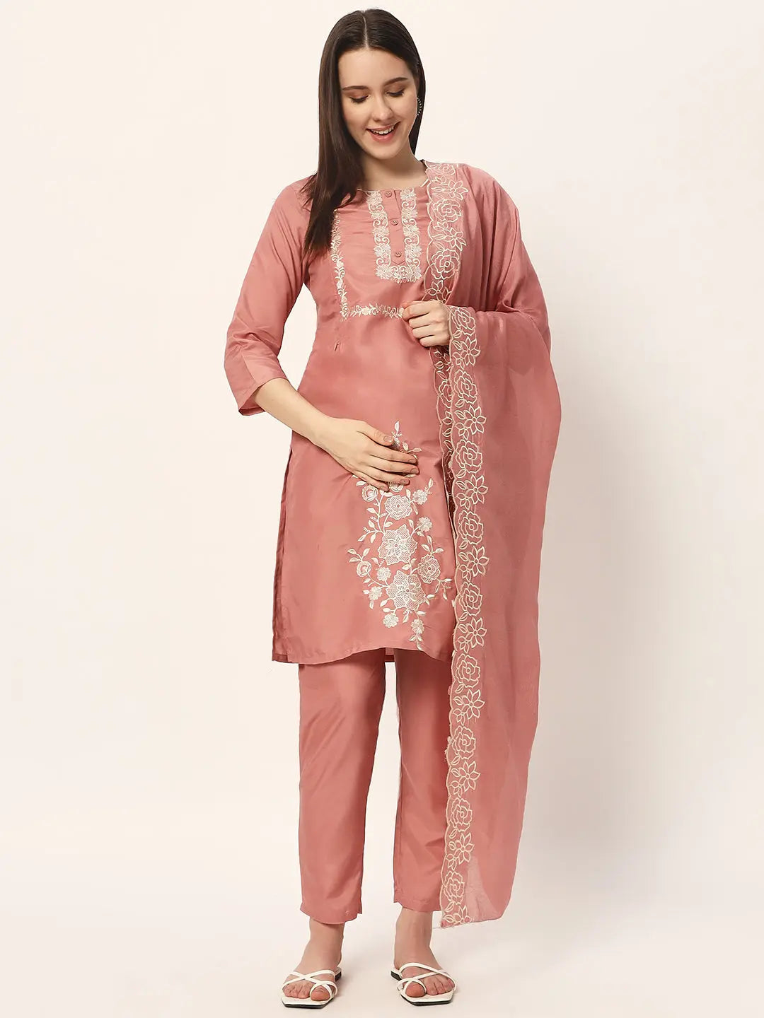 ROMAN SILK EMBROIDED KURTA PANT AND DUPATTA SET WITH ATTACHED LINING FOR FEEDING AND MATERNITY PURPOSE mumzhug