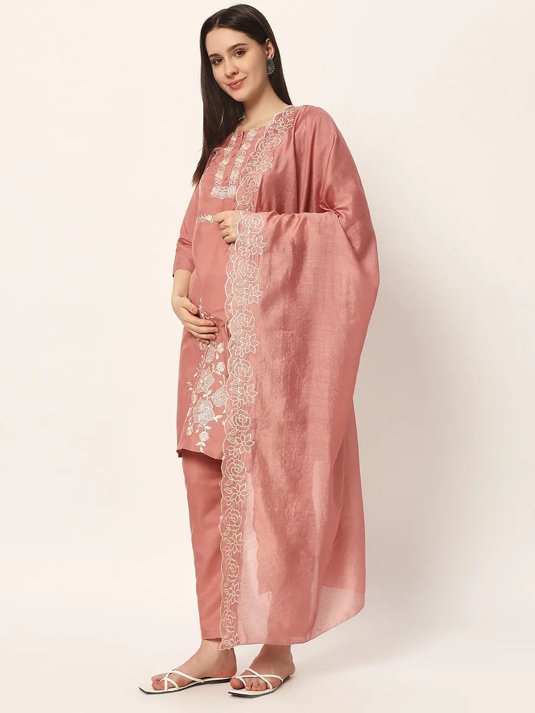 ROMAN SILK EMBROIDED KURTA PANT AND DUPATTA SET WITH ATTACHED LINING FOR FEEDING AND MATERNITY PURPOSE mumzhug