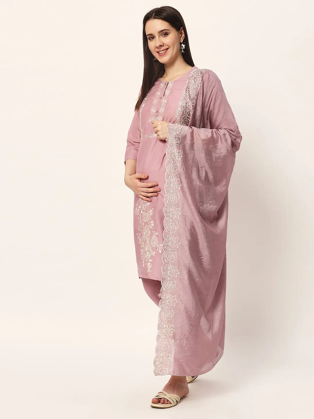 ROMAN SILK EMBROIDED KURTA PANT AND DUPATTA SET WITH ATTACHED LINING FOR FEEDING AND MATERNITY PURPOSE mumzhug