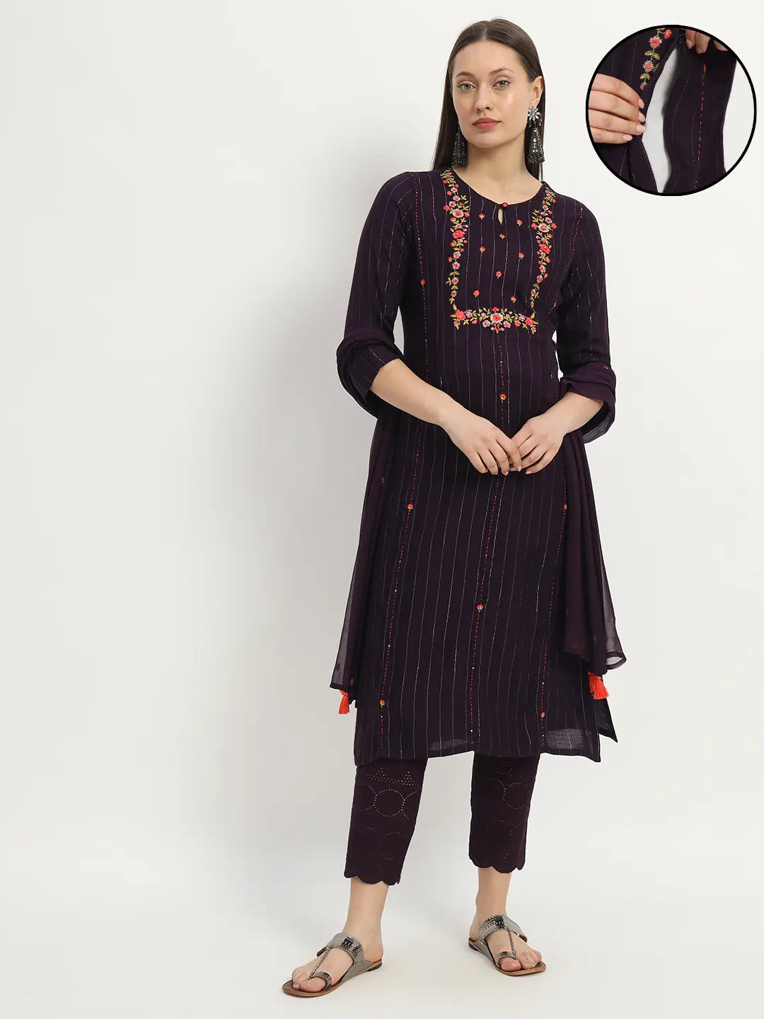 Plus sized Viscose rayon yarn dyed embroidered kurta pant and dupatta set for maternity and feeding purpose  mumzhug 