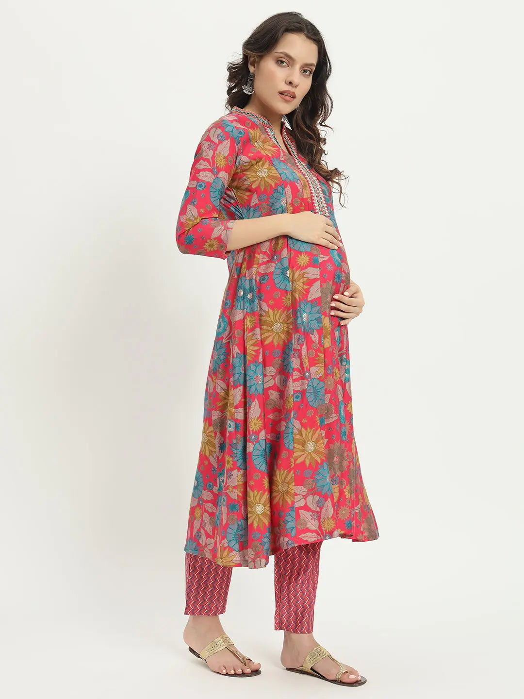 MASLIN FLAIRED EMBROIDED ANARKALI WITH PANT AND DUPATTA FOR MATERNITY AMD FEEDING PURPOSE mumzhug