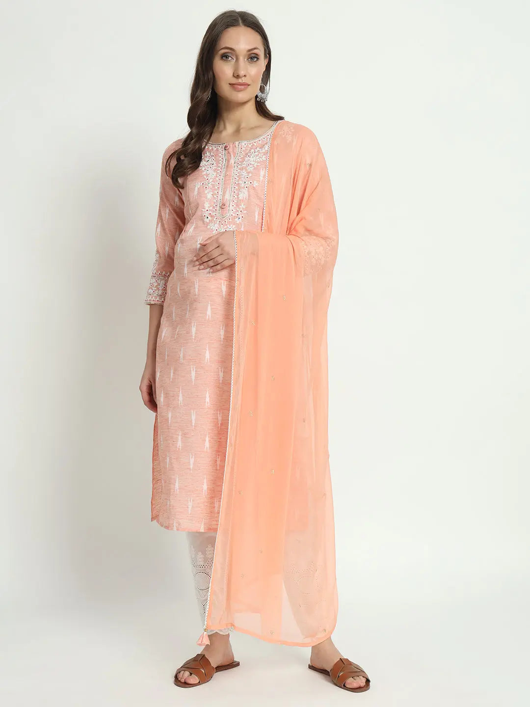 COTTON IKKAT DORI EMBROIDED KURTA WITH SCHIFFLI PANT AND CHIFFON DUPATTA FOR MATERNITY AND FEEDING PURPOSE mumzhug