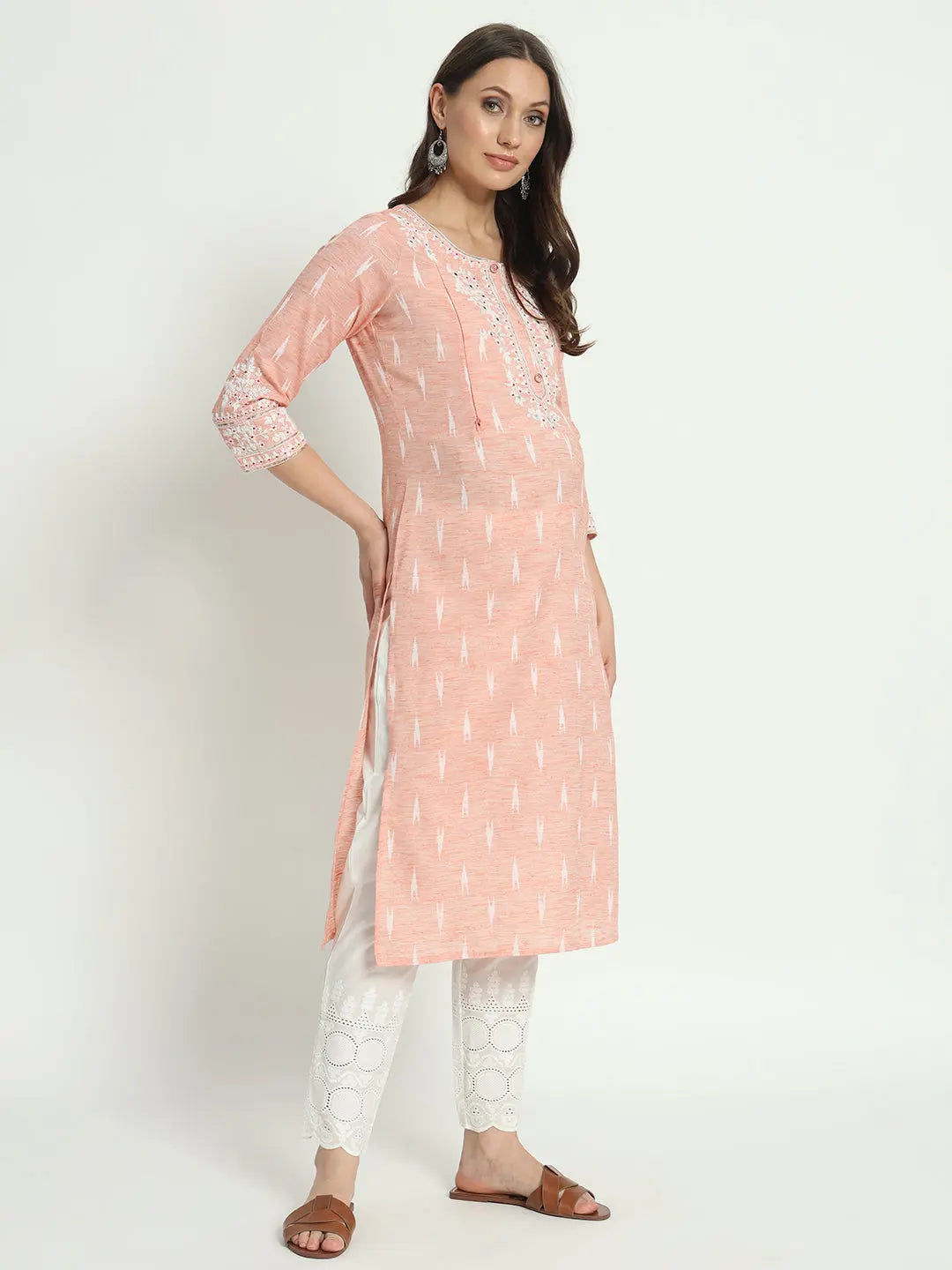 COTTON IKKAT DORI EMBROIDED KURTA WITH SCHIFFLI PANT AND CHIFFON DUPATTA FOR MATERNITY AND FEEDING PURPOSE mumzhug