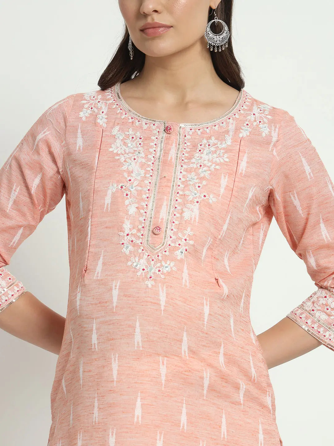 COTTON IKKAT DORI EMBROIDED KURTA WITH SCHIFFLI PANT AND CHIFFON DUPATTA FOR MATERNITY AND FEEDING PURPOSE mumzhug