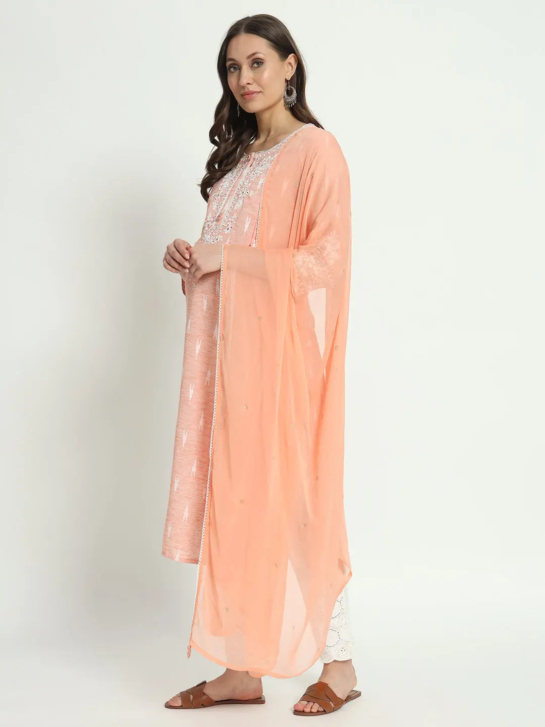 COTTON IKKAT DORI EMBROIDED KURTA WITH SCHIFFLI PANT AND CHIFFON DUPATTA FOR MATERNITY AND FEEDING PURPOSE mumzhug