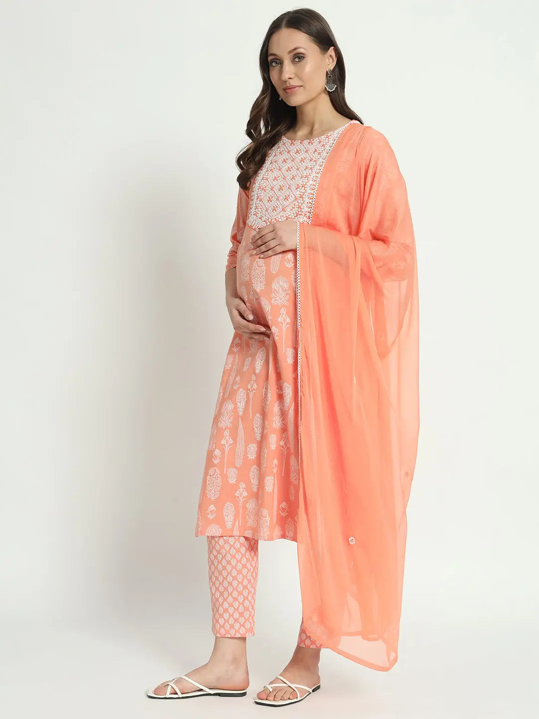 COTTON  DORI EMBROIDED KURTA WITH  PANT AND CHIFFON DUPATTA FOR MATERNITY AND FEEDING PURPOSE mumzhug