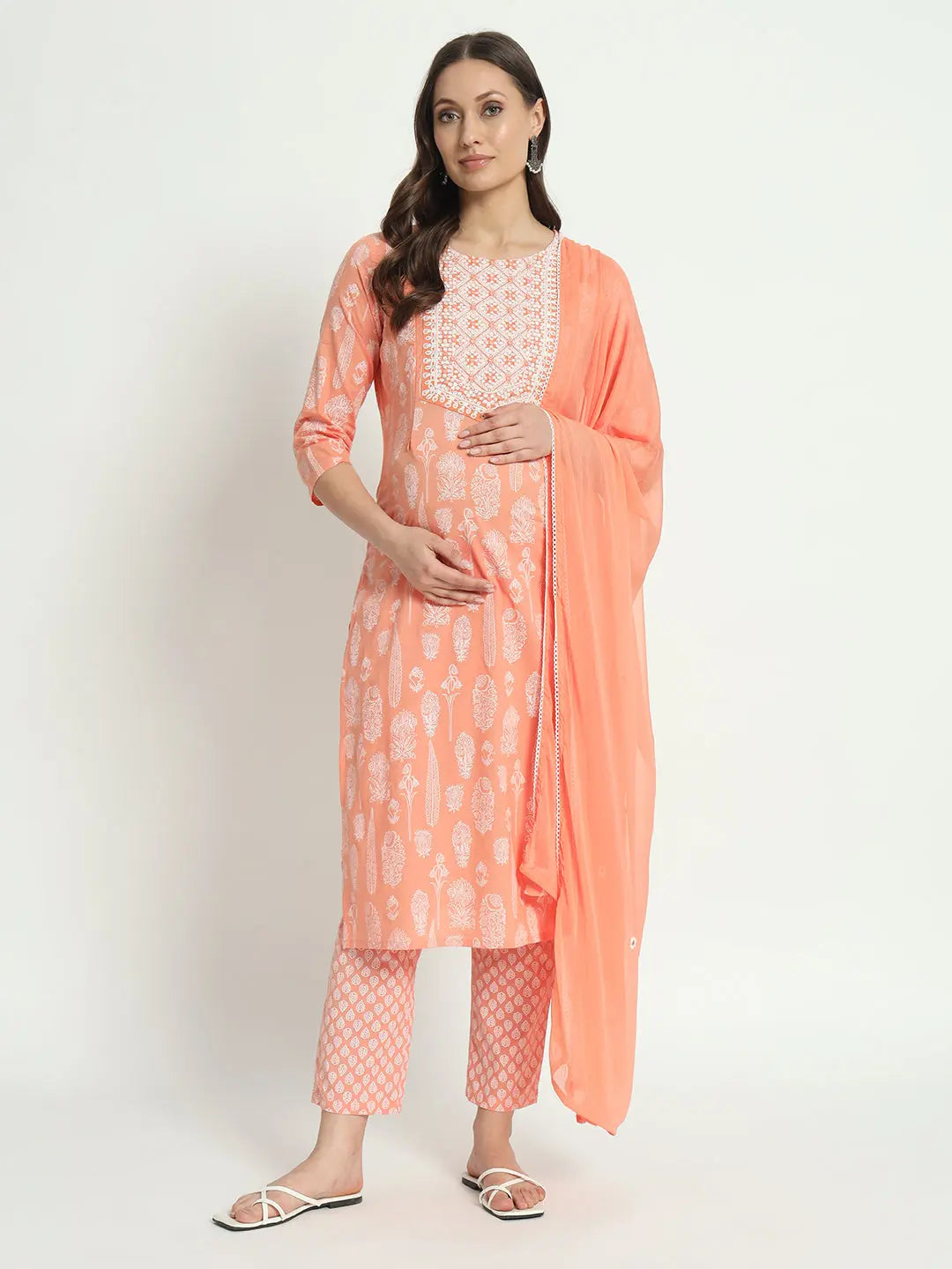 COTTON  DORI EMBROIDED KURTA WITH  PANT AND CHIFFON DUPATTA FOR MATERNITY AND FEEDING PURPOSE mumzhug