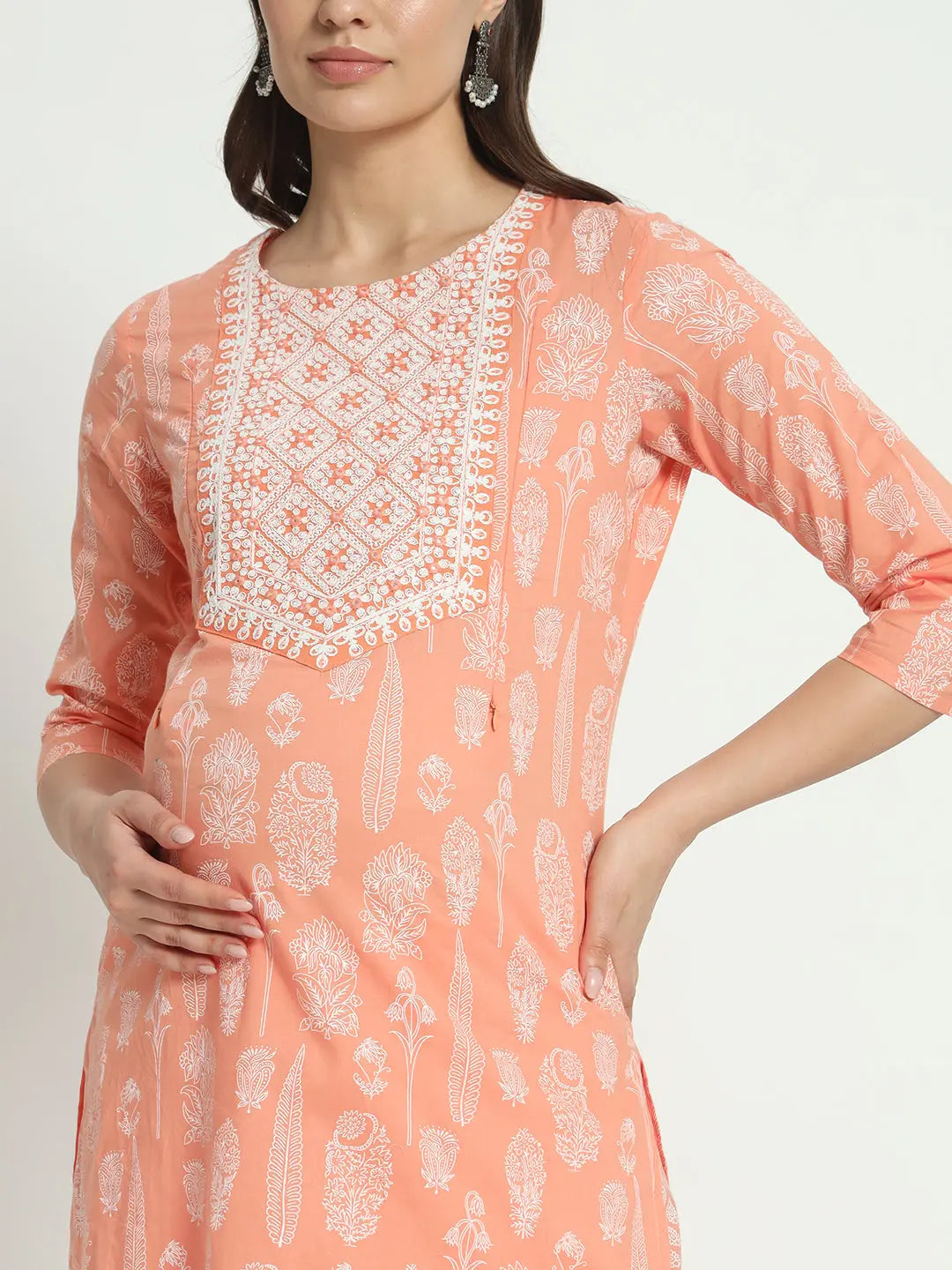 COTTON  DORI EMBROIDED KURTA WITH  PANT AND CHIFFON DUPATTA FOR MATERNITY AND FEEDING PURPOSE mumzhug