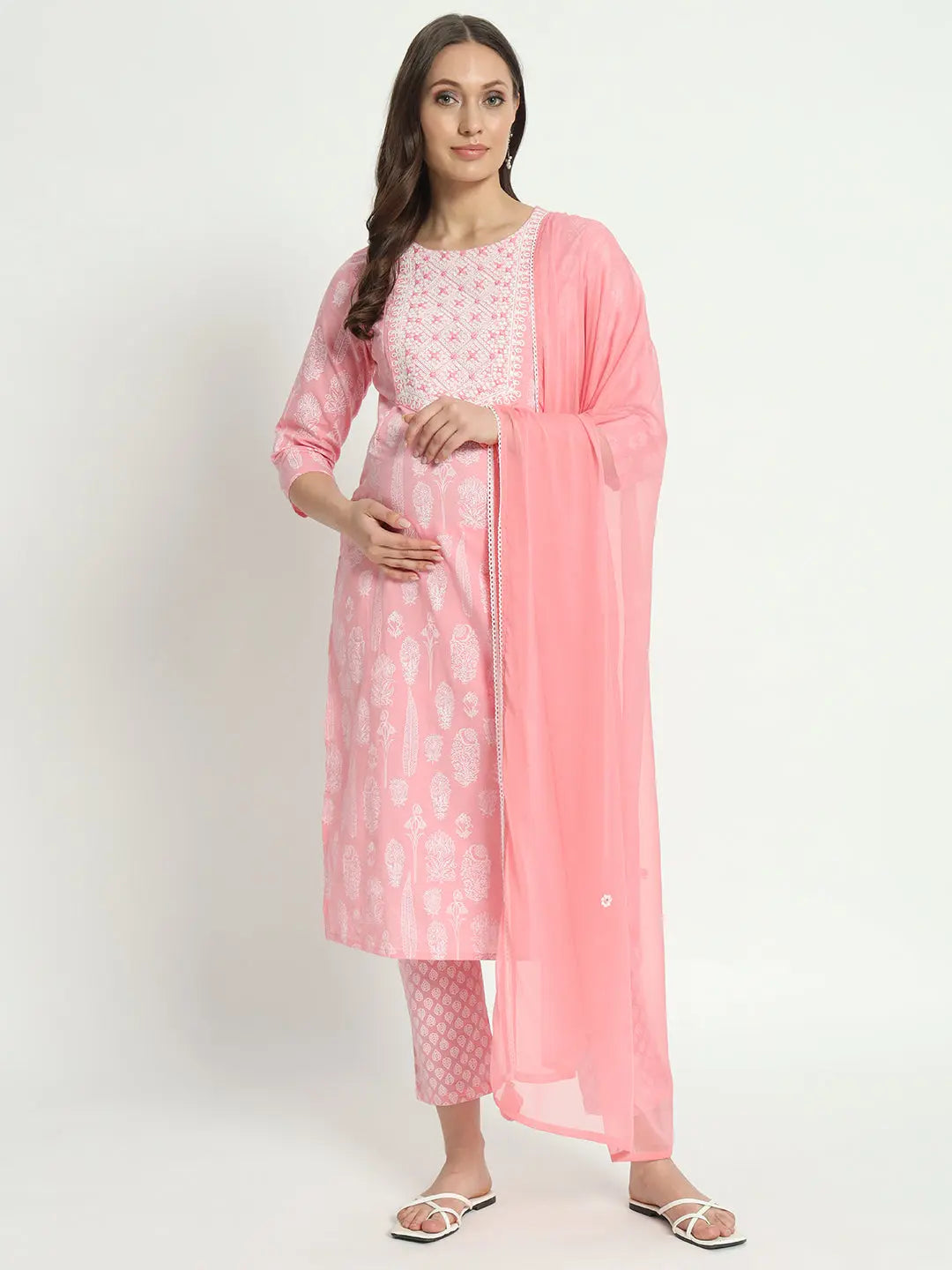 COTTON  DORI EMBROIDED KURTA WITH  PANT AND CHIFFON DUPATTA FOR MATERNITY AND FEEDING PURPOSE mumzhug