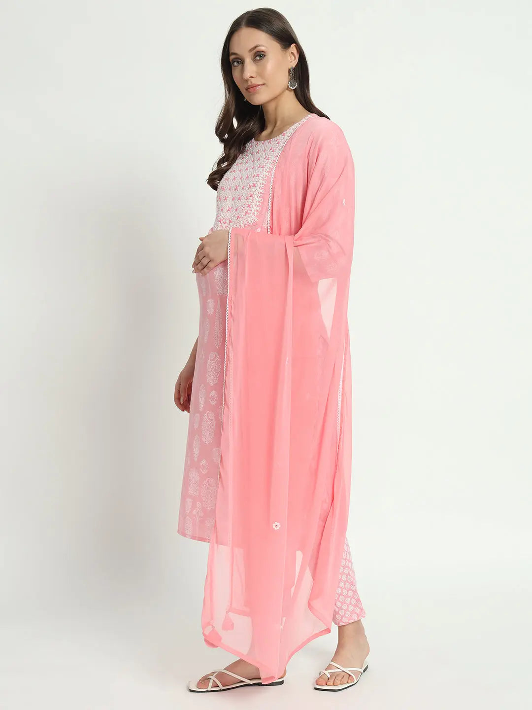 COTTON  DORI EMBROIDED KURTA WITH  PANT AND CHIFFON DUPATTA FOR MATERNITY AND FEEDING PURPOSE mumzhug