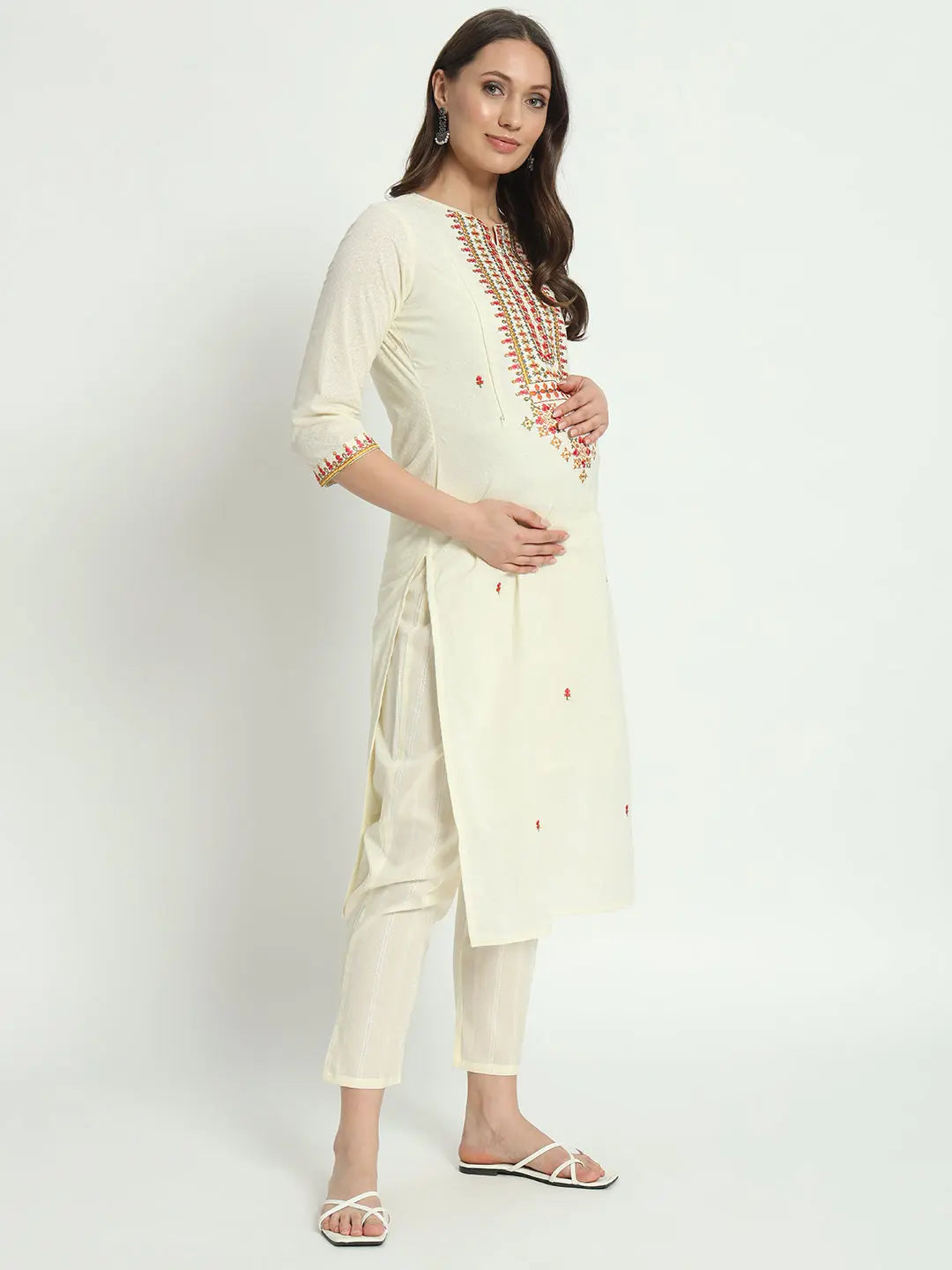 COTTON  EMBROIDED KURTA WITH LINING WITH  PANT AND CHIFFON DUPATTA FOR MATERNITY AND FEEDING PURPOSE mumzhug