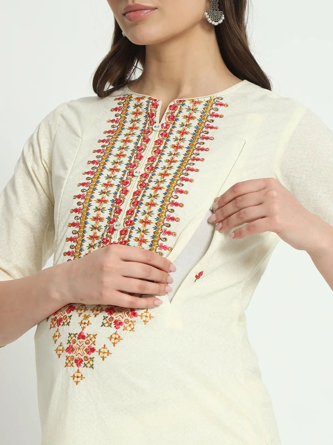 COTTON  EMBROIDED KURTA WITH LINING WITH  PANT AND CHIFFON DUPATTA FOR MATERNITY AND FEEDING PURPOSE mumzhug