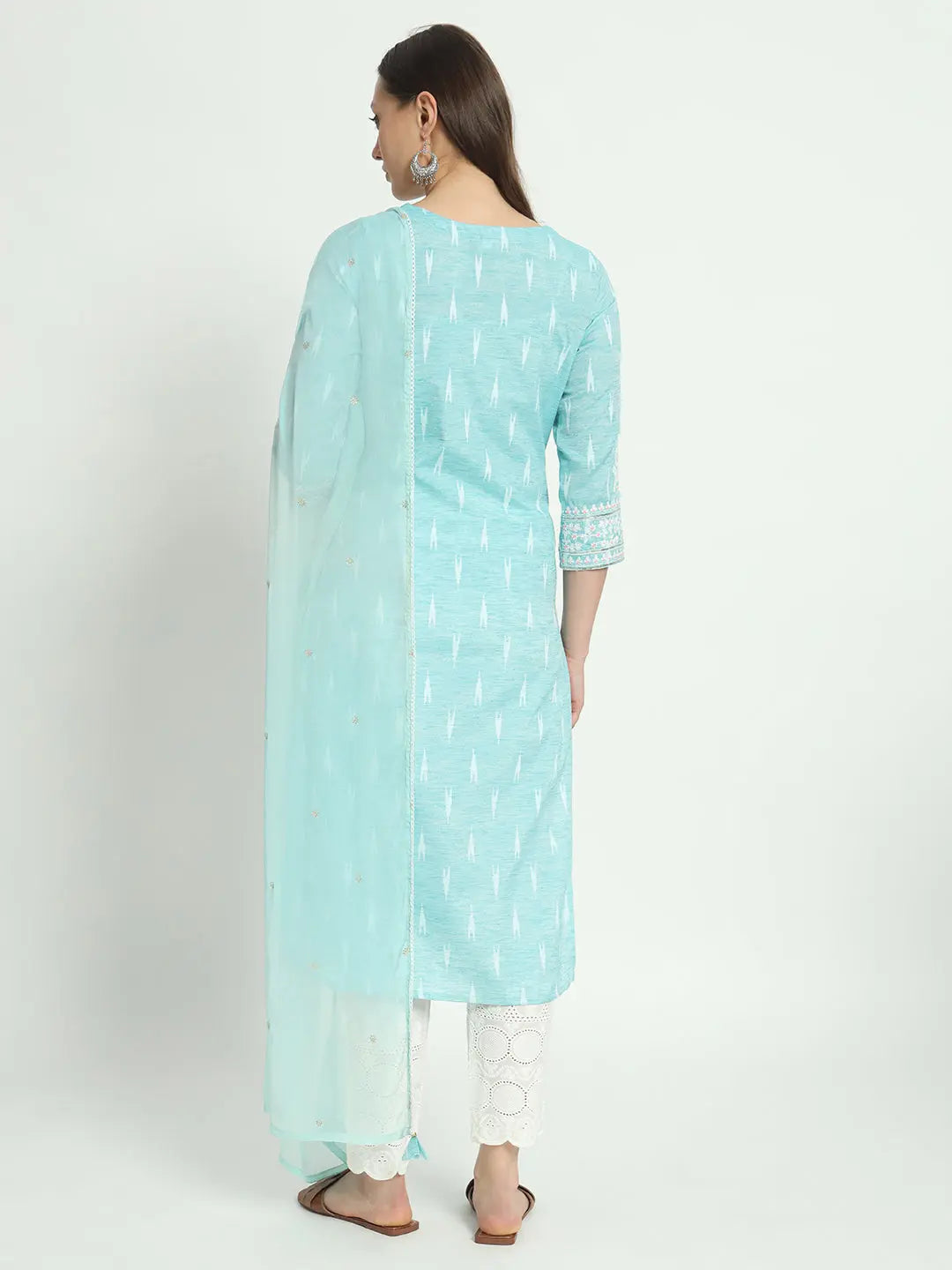 COTTON IKKAT DORI EMBROIDED KURTA WITH SCHIFFLI PANT AND CHIFFON DUPATTA FOR MATERNITY AND FEEDING PURPOSE mumzhug