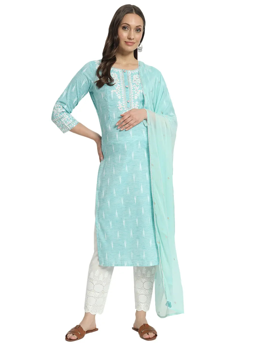 COTTON IKKAT DORI EMBROIDED KURTA WITH SCHIFFLI PANT AND CHIFFON DUPATTA FOR MATERNITY AND FEEDING PURPOSE mumzhug