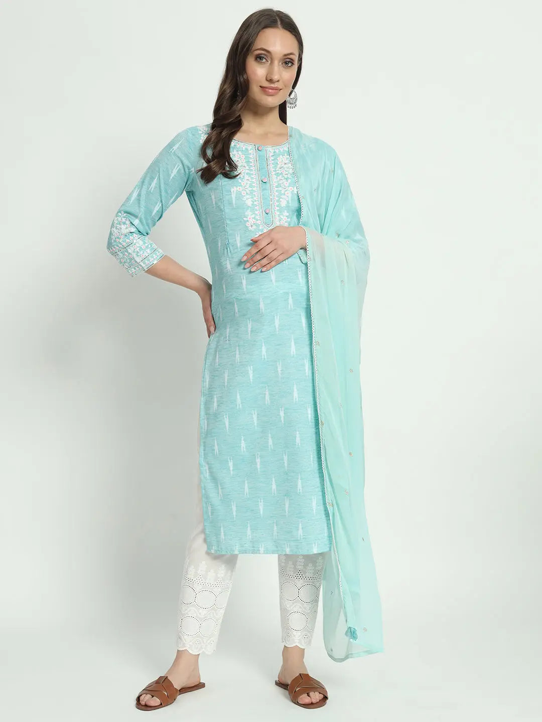 COTTON IKKAT DORI EMBROIDED KURTA WITH SCHIFFLI PANT AND CHIFFON DUPATTA FOR MATERNITY AND FEEDING PURPOSE mumzhug