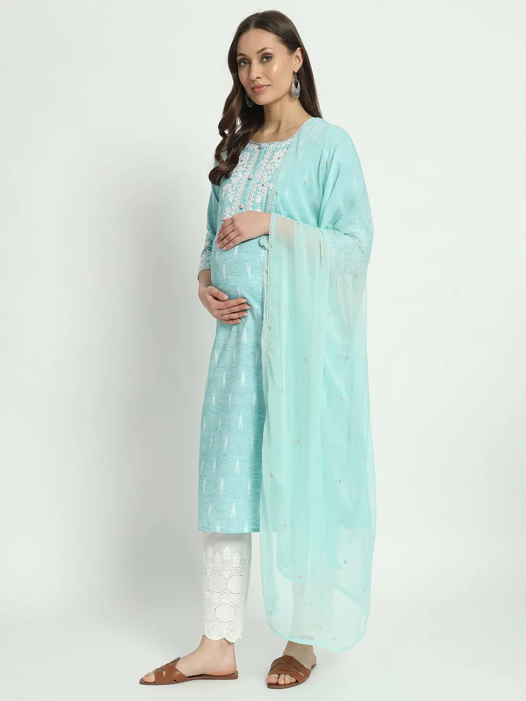 COTTON IKKAT DORI EMBROIDED KURTA WITH SCHIFFLI PANT AND CHIFFON DUPATTA FOR MATERNITY AND FEEDING PURPOSE mumzhug