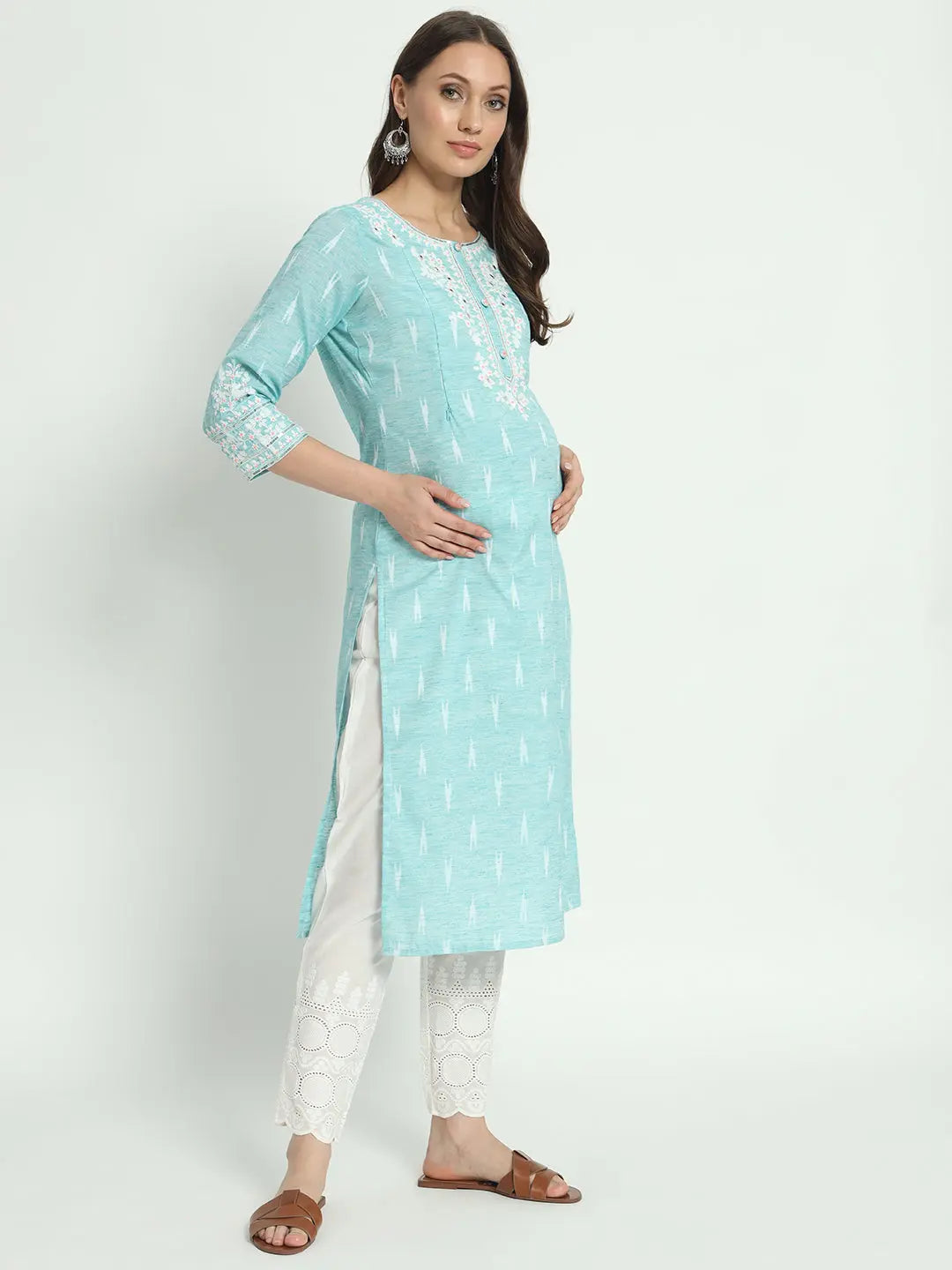 COTTON IKKAT DORI EMBROIDED KURTA WITH SCHIFFLI PANT AND CHIFFON DUPATTA FOR MATERNITY AND FEEDING PURPOSE mumzhug