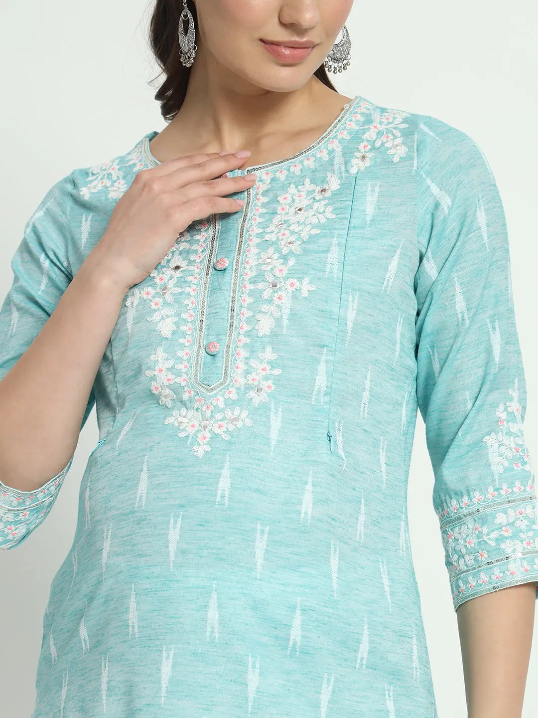 COTTON IKKAT DORI EMBROIDED KURTA WITH SCHIFFLI PANT AND CHIFFON DUPATTA FOR MATERNITY AND FEEDING PURPOSE mumzhug