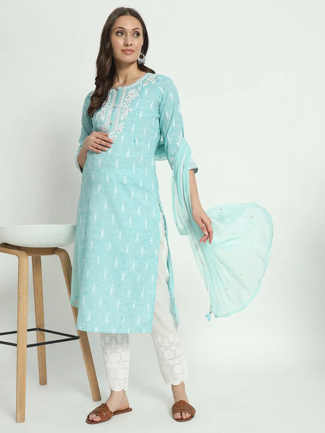 COTTON IKKAT DORI EMBROIDED KURTA WITH SCHIFFLI PANT AND CHIFFON DUPATTA FOR MATERNITY AND FEEDING PURPOSE mumzhug