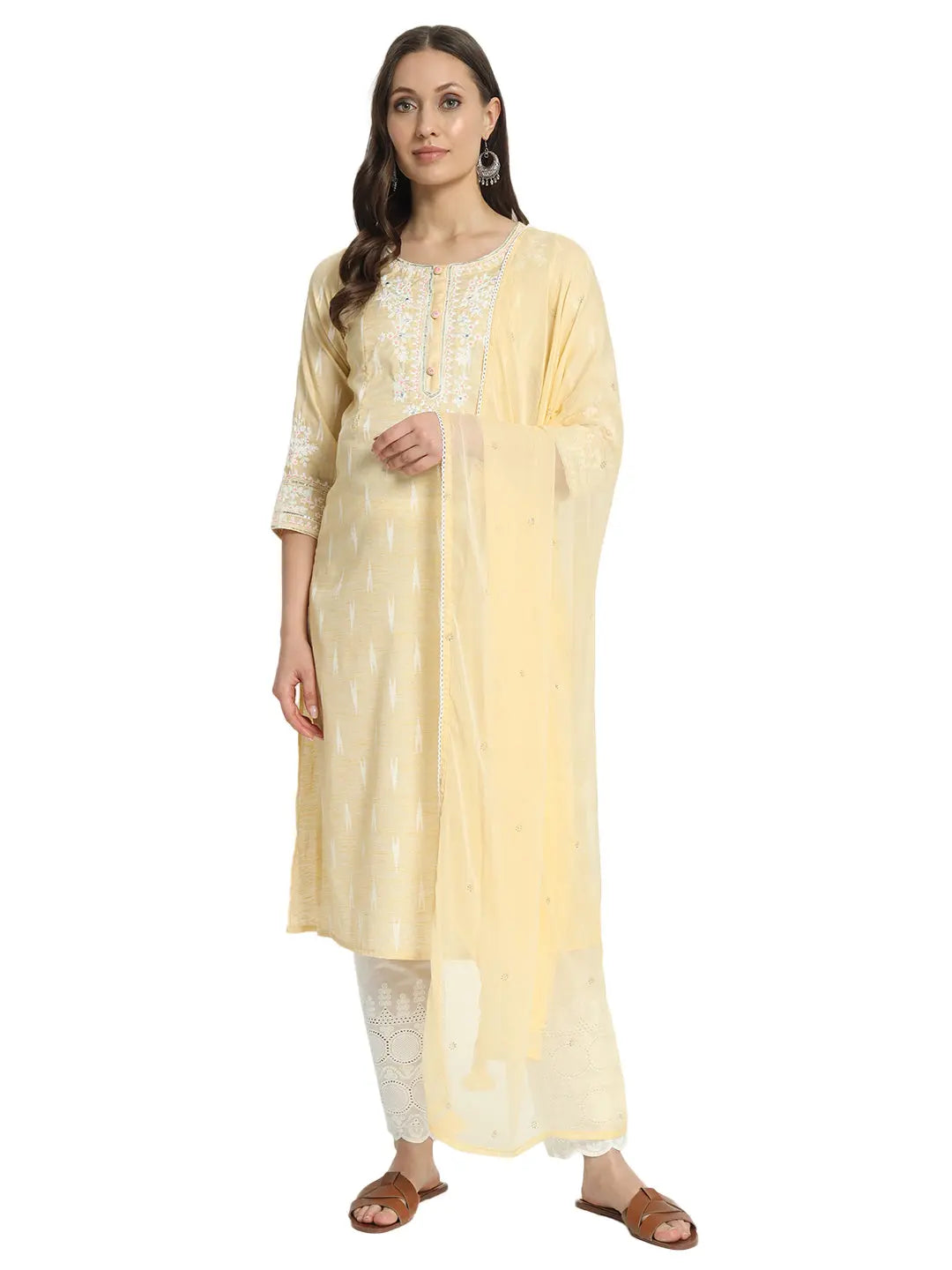 COTTON IKKAT DORI EMBROIDED KURTA WITH SCHIFFLI PANT AND CHIFFON DUPATTA FOR MATERNITY AND FEEDING PURPOSE mumzhug