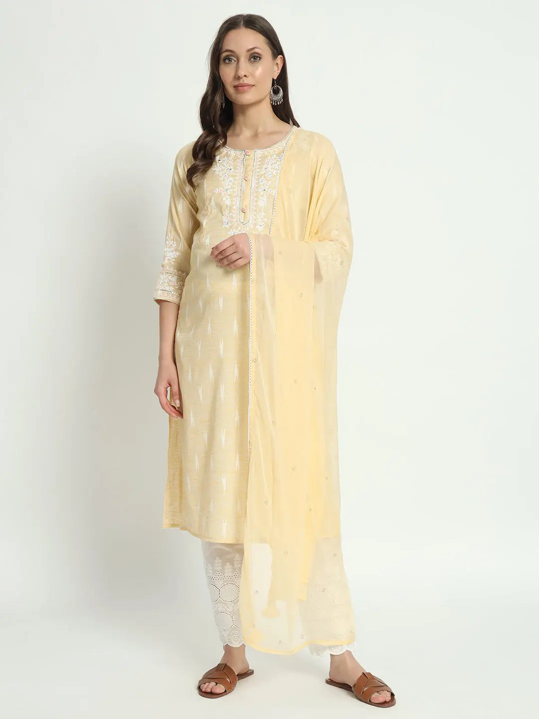 COTTON IKKAT DORI EMBROIDED KURTA WITH SCHIFFLI PANT AND CHIFFON DUPATTA FOR MATERNITY AND FEEDING PURPOSE mumzhug