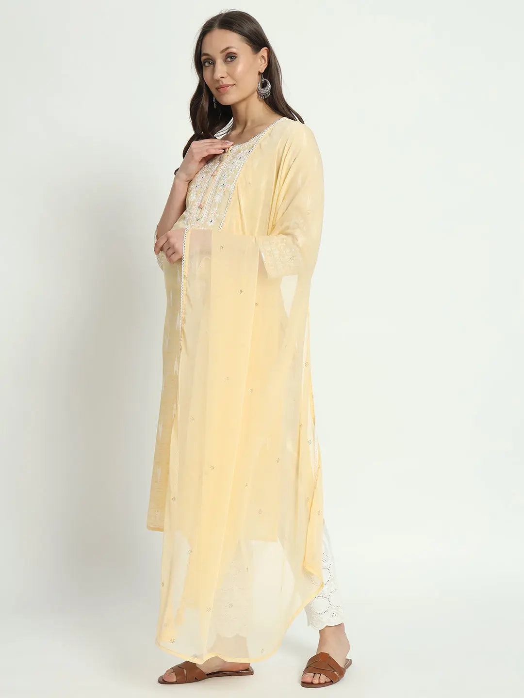 COTTON IKKAT DORI EMBROIDED KURTA WITH SCHIFFLI PANT AND CHIFFON DUPATTA FOR MATERNITY AND FEEDING PURPOSE mumzhug