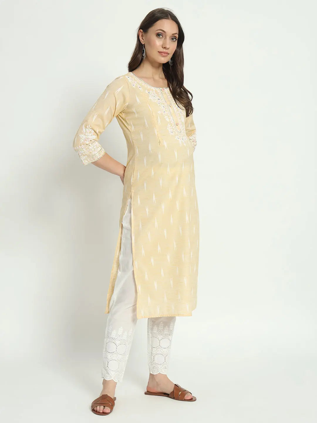 COTTON IKKAT DORI EMBROIDED KURTA WITH SCHIFFLI PANT AND CHIFFON DUPATTA FOR MATERNITY AND FEEDING PURPOSE mumzhug