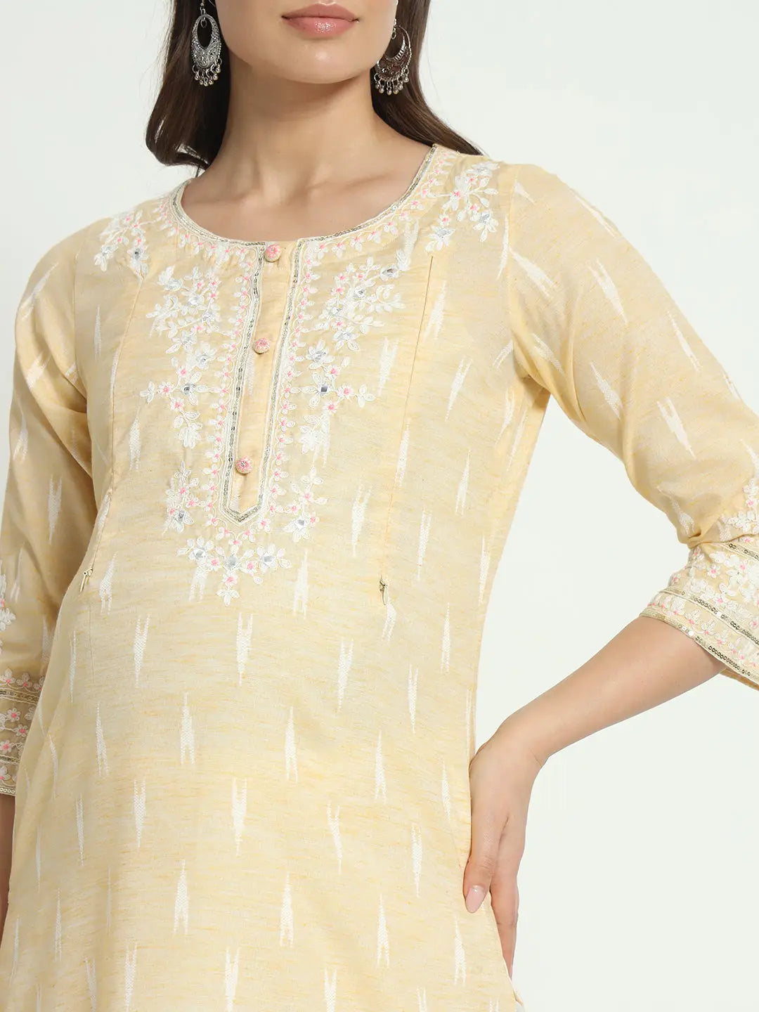 COTTON IKKAT DORI EMBROIDED KURTA WITH SCHIFFLI PANT AND CHIFFON DUPATTA FOR MATERNITY AND FEEDING PURPOSE mumzhug