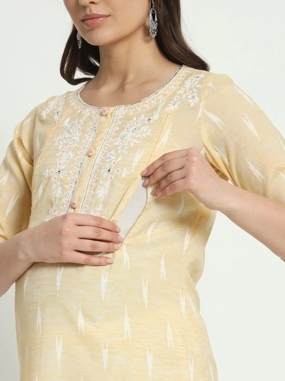 COTTON IKKAT DORI EMBROIDED KURTA WITH SCHIFFLI PANT AND CHIFFON DUPATTA FOR MATERNITY AND FEEDING PURPOSE mumzhug