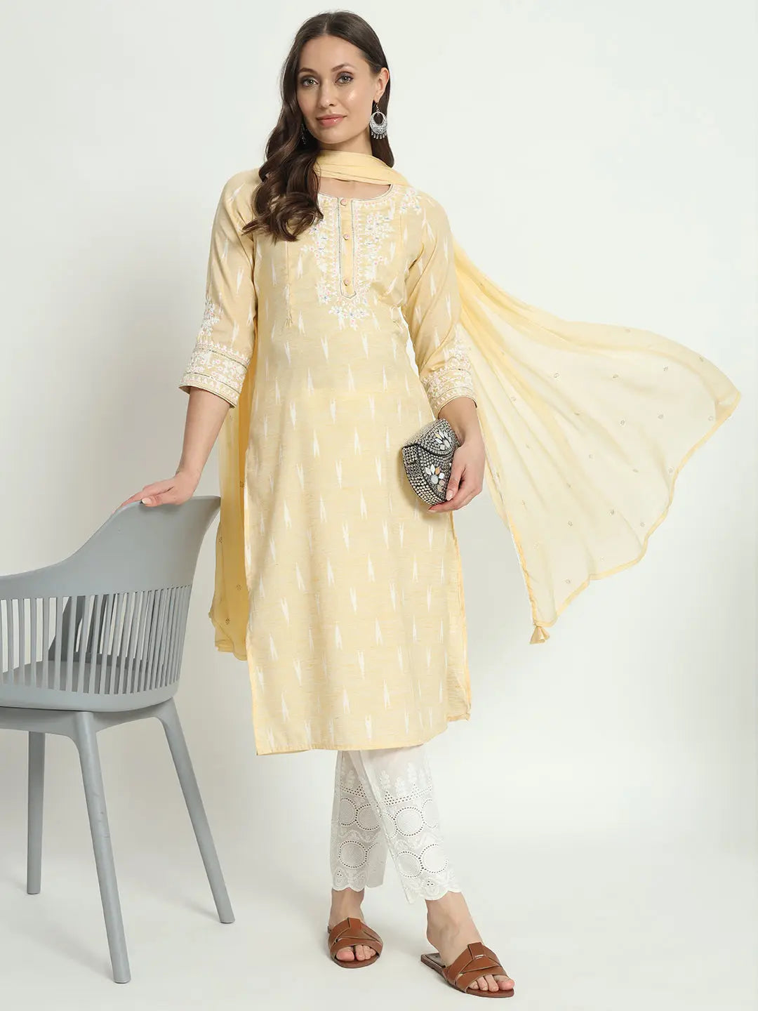 COTTON IKKAT DORI EMBROIDED KURTA WITH SCHIFFLI PANT AND CHIFFON DUPATTA FOR MATERNITY AND FEEDING PURPOSE mumzhug