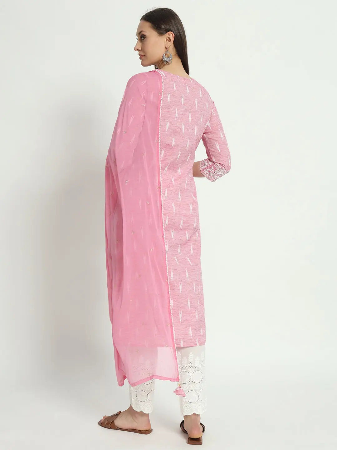 COTTON IKKAT DORI EMBROIDED KURTA WITH SCHIFFLI PANT AND CHIFFON DUPATTA FOR MATERNITY AND FEEDING PURPOSE mumzhug