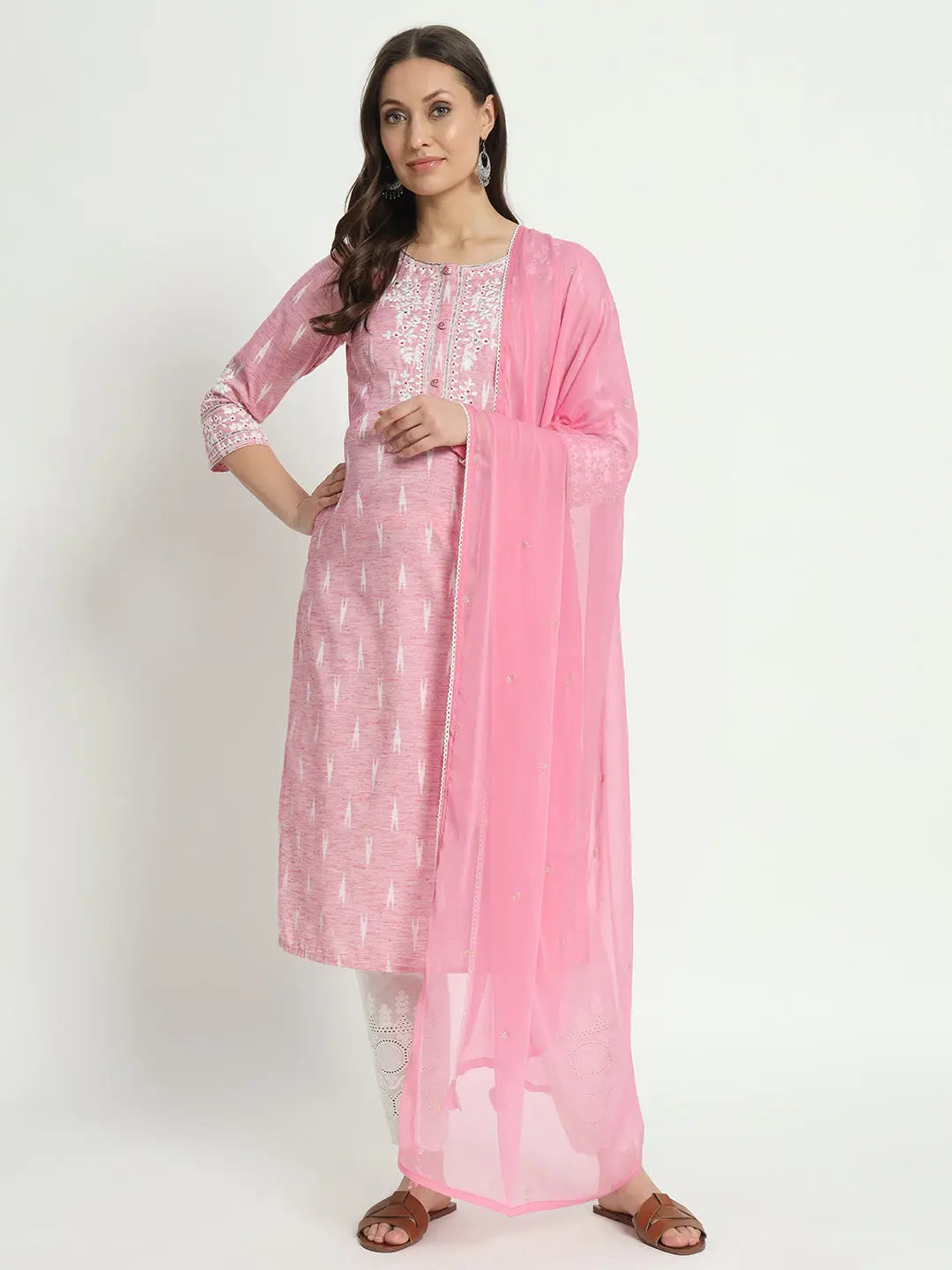 COTTON IKKAT DORI EMBROIDED KURTA WITH SCHIFFLI PANT AND CHIFFON DUPATTA FOR MATERNITY AND FEEDING PURPOSE mumzhug