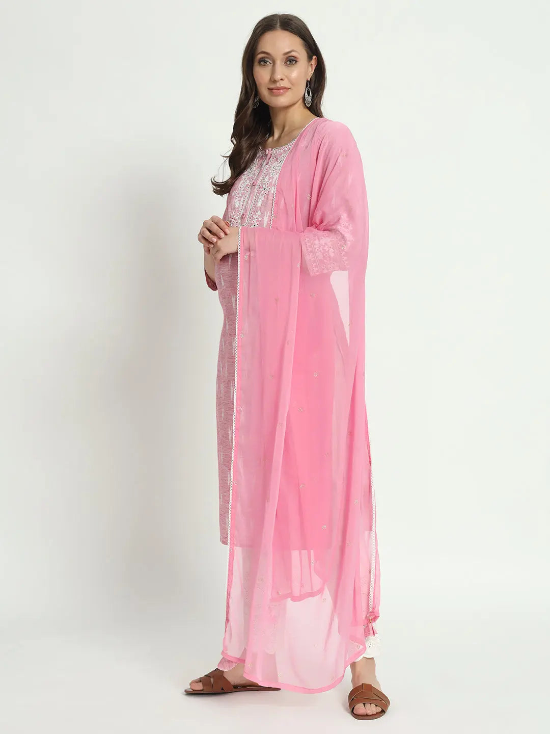 COTTON IKKAT DORI EMBROIDED KURTA WITH SCHIFFLI PANT AND CHIFFON DUPATTA FOR MATERNITY AND FEEDING PURPOSE mumzhug