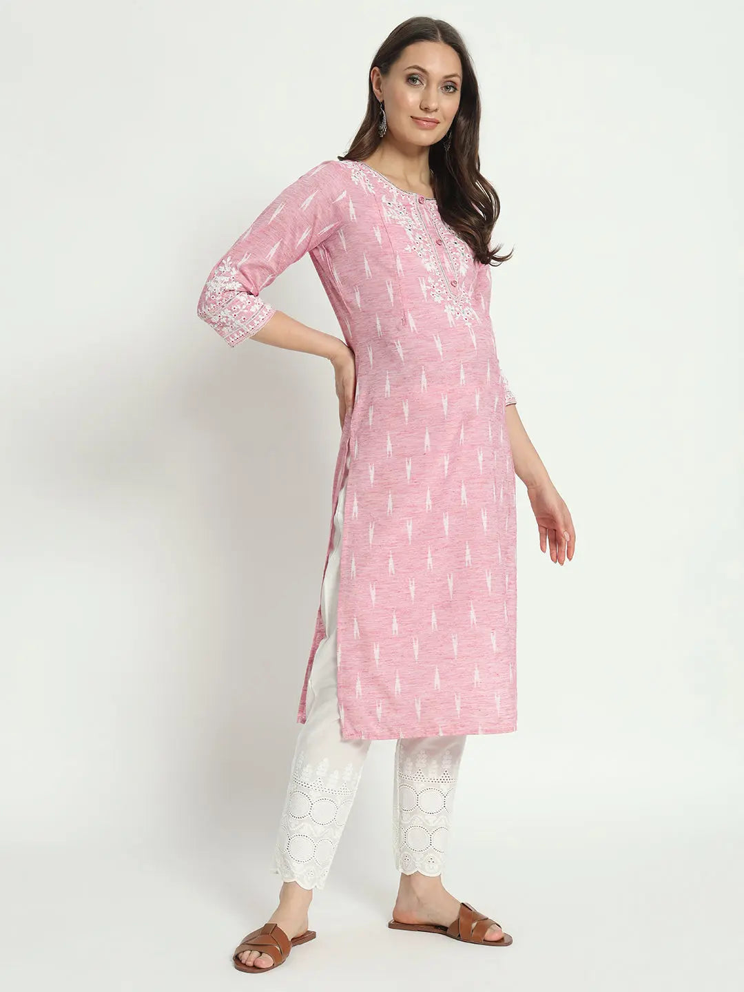 COTTON IKKAT DORI EMBROIDED KURTA WITH SCHIFFLI PANT AND CHIFFON DUPATTA FOR MATERNITY AND FEEDING PURPOSE mumzhug