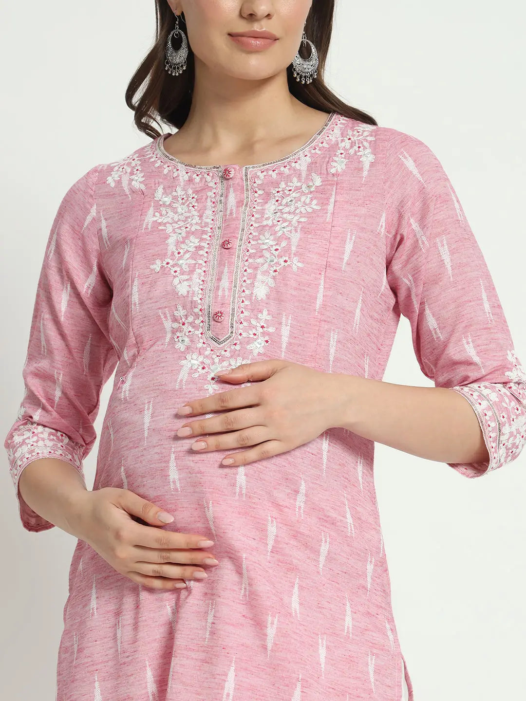 COTTON IKKAT DORI EMBROIDED KURTA WITH SCHIFFLI PANT AND CHIFFON DUPATTA FOR MATERNITY AND FEEDING PURPOSE mumzhug