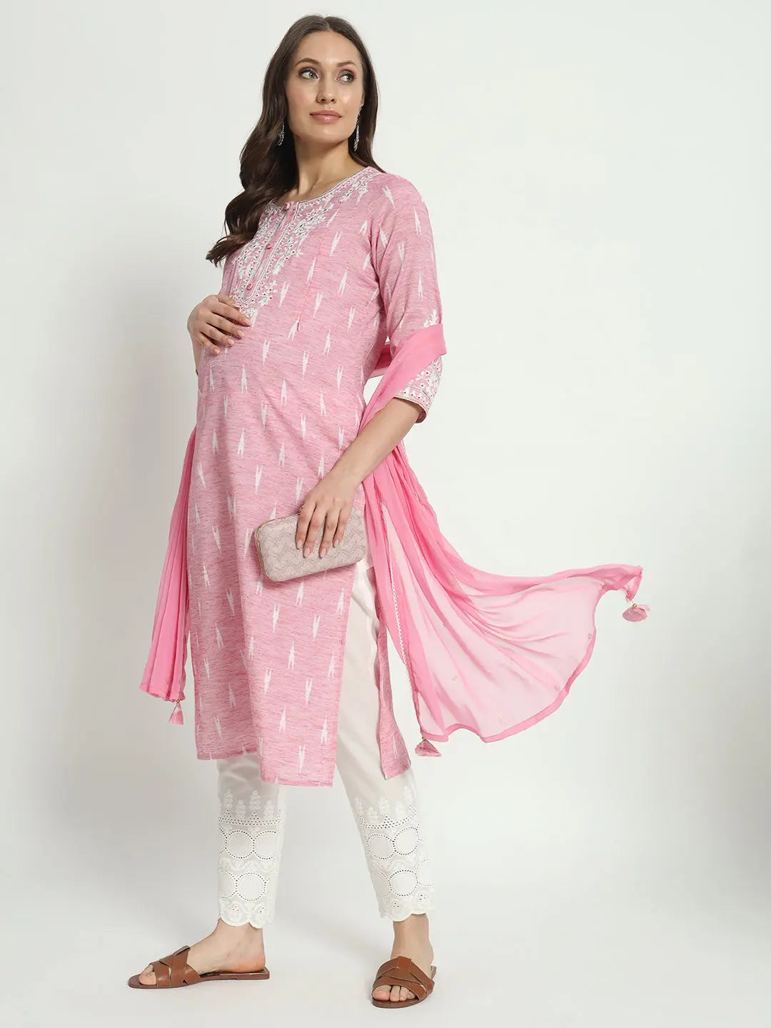 COTTON IKKAT DORI EMBROIDED KURTA WITH SCHIFFLI PANT AND CHIFFON DUPATTA FOR MATERNITY AND FEEDING PURPOSE mumzhug