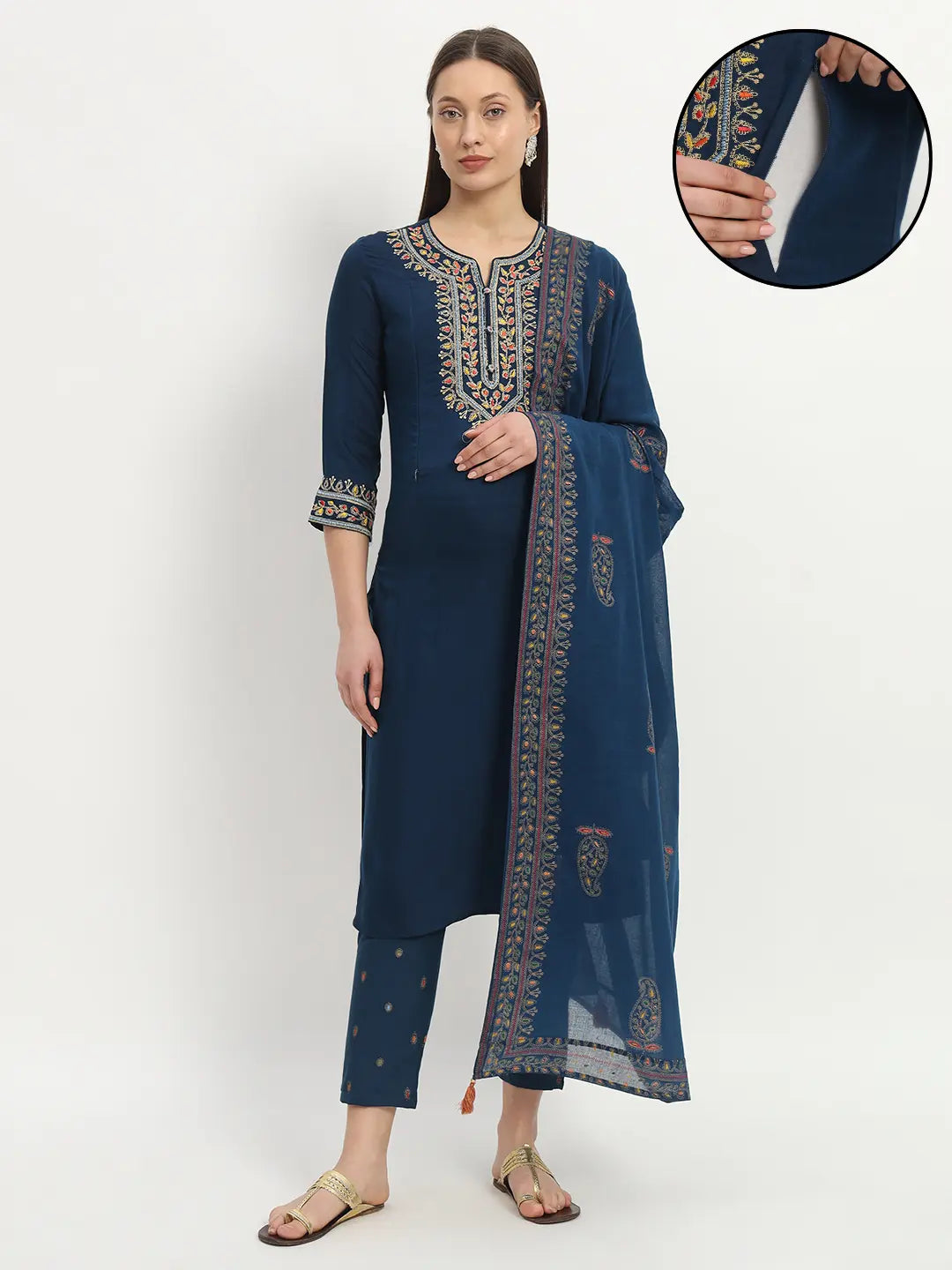 MUMZHUG Embroided  Straight Kurta & Rayon Pant & Malmal Dupatta For Maternity & Feeding Purpose mumzhug