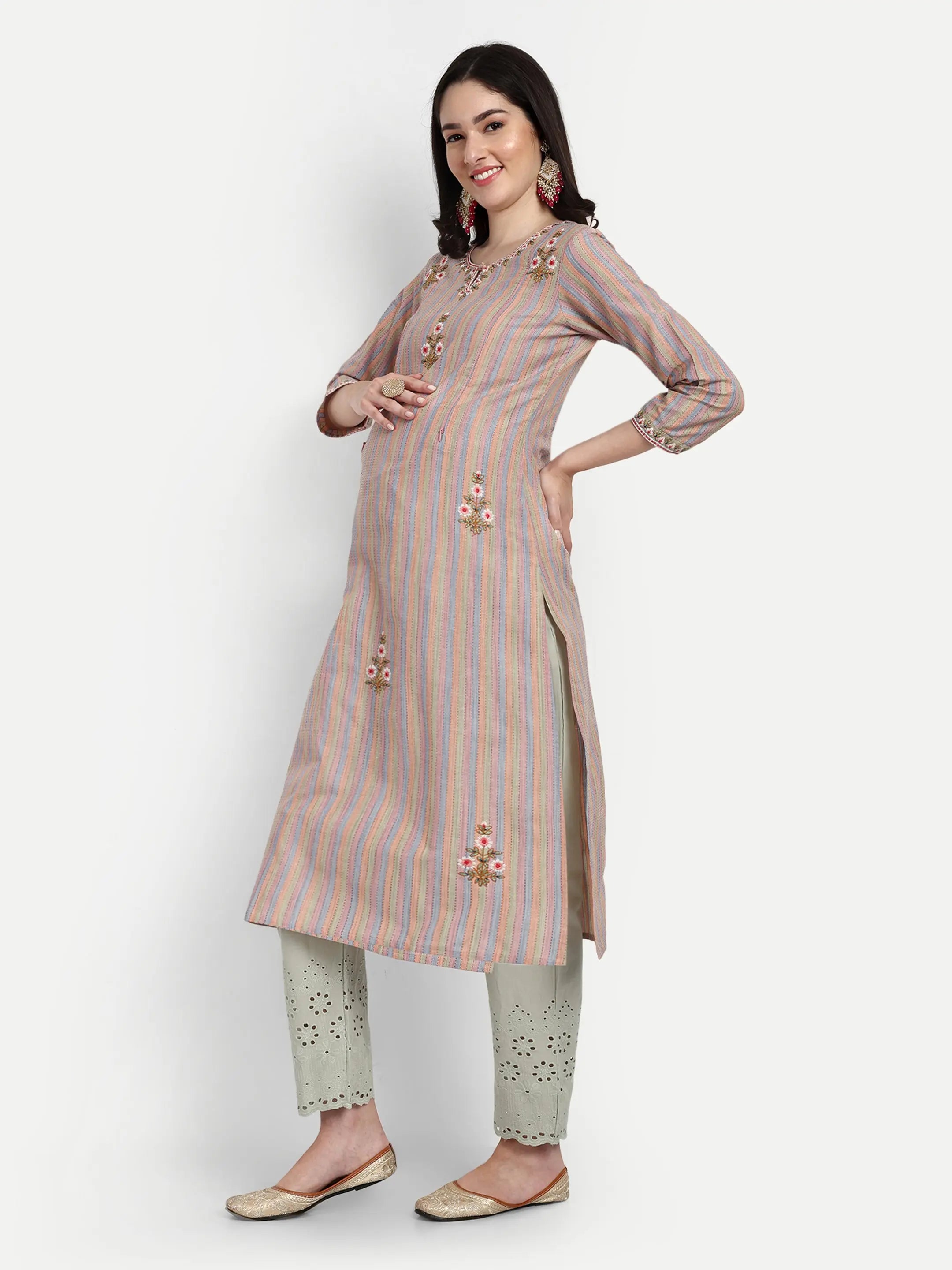 Cotton Striped Yarn Dyed Kurta With Dori And Sequin Embroidery With Schiffli Pallazo And Cotton Dupatta For Feeding And Maternity Purpose mumzhug