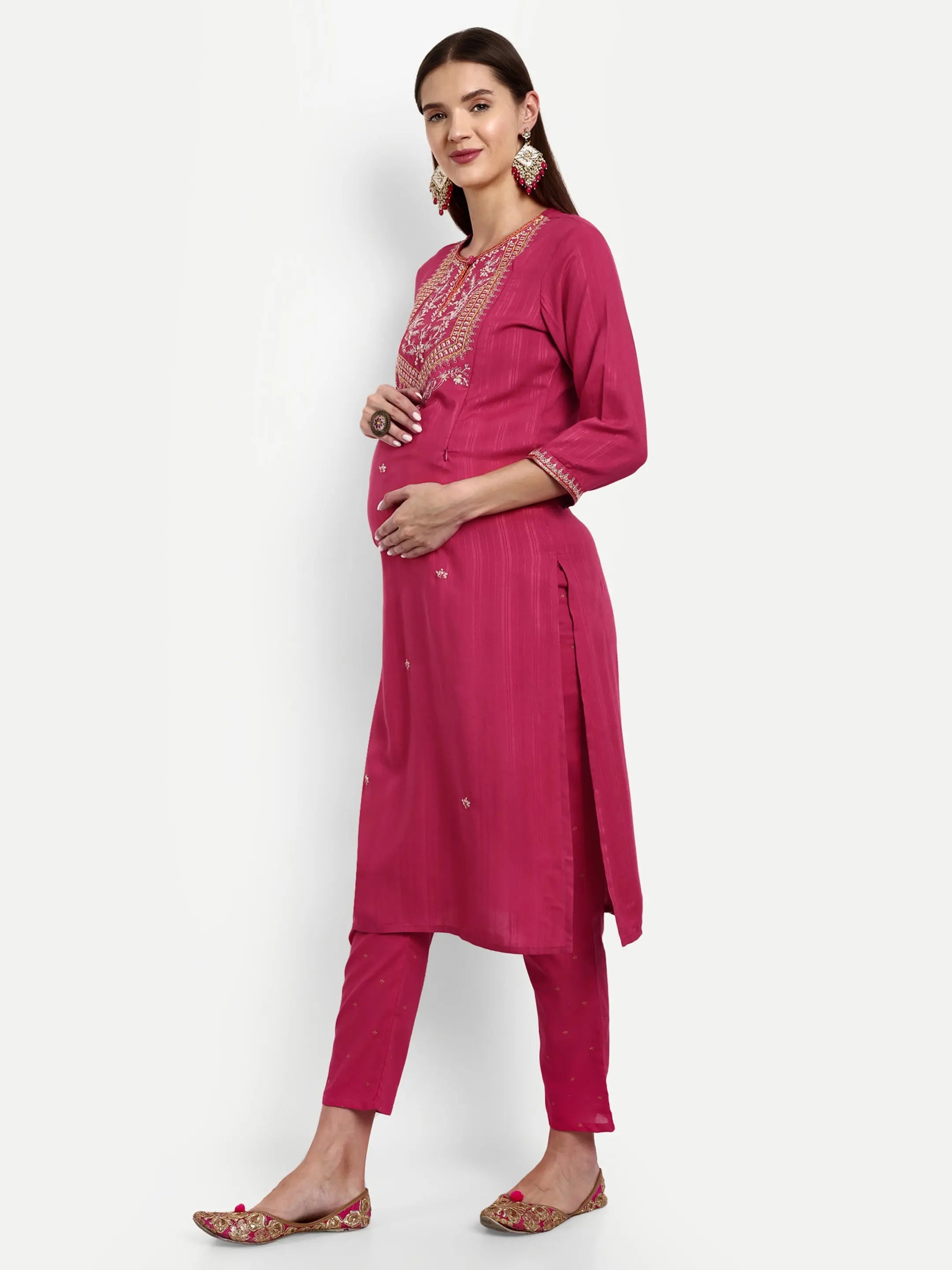 Viscose Rayon Embroided Kurta With Trouser And Dupatta For Feeding And Maternity mumzhug