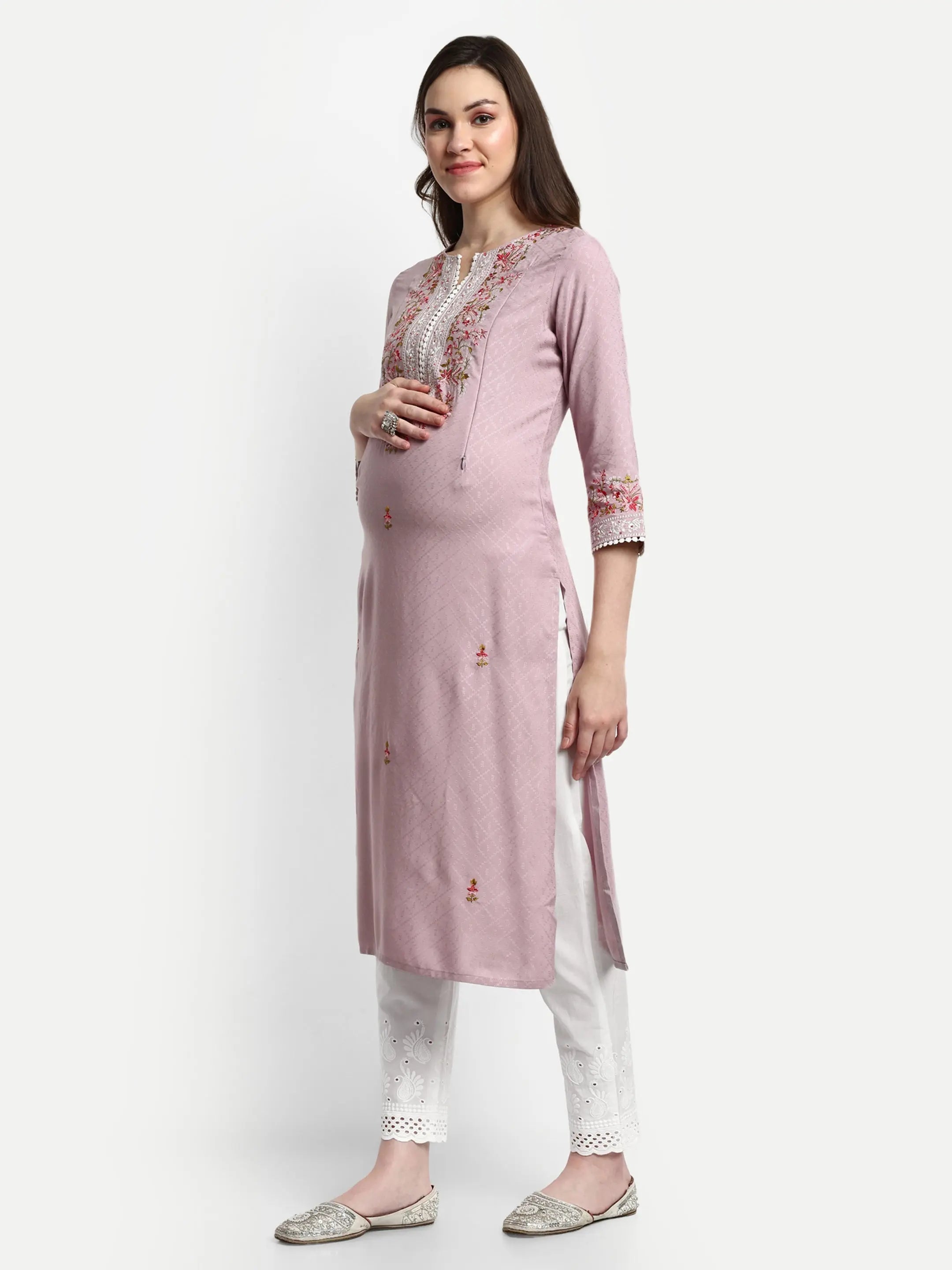 Soft viscose rayon embroidered kurta with schiffli pant and chiffon dupatta for maternity and feeding purpose mumzhug