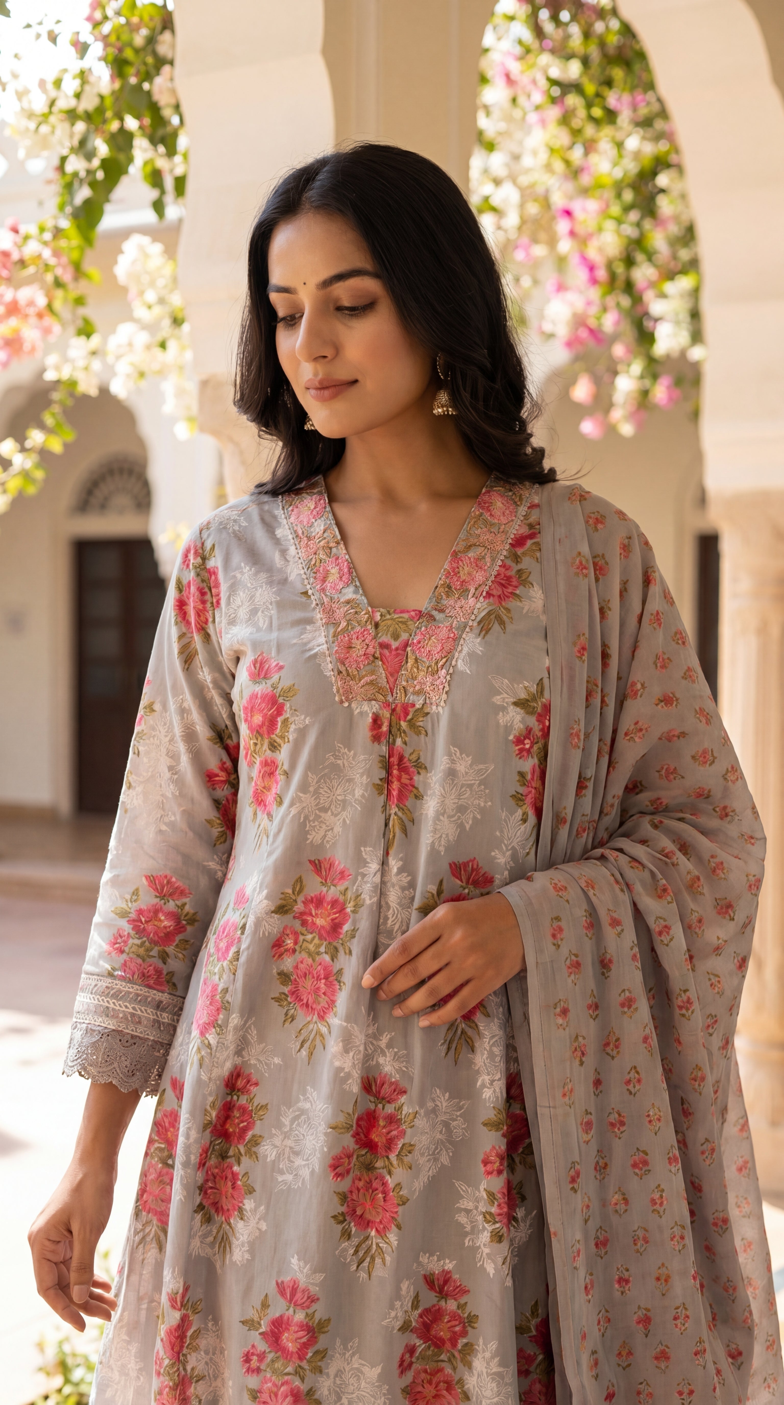 Mumzhug grey pure cotton feeding and maternity kurta pant and dupatta set