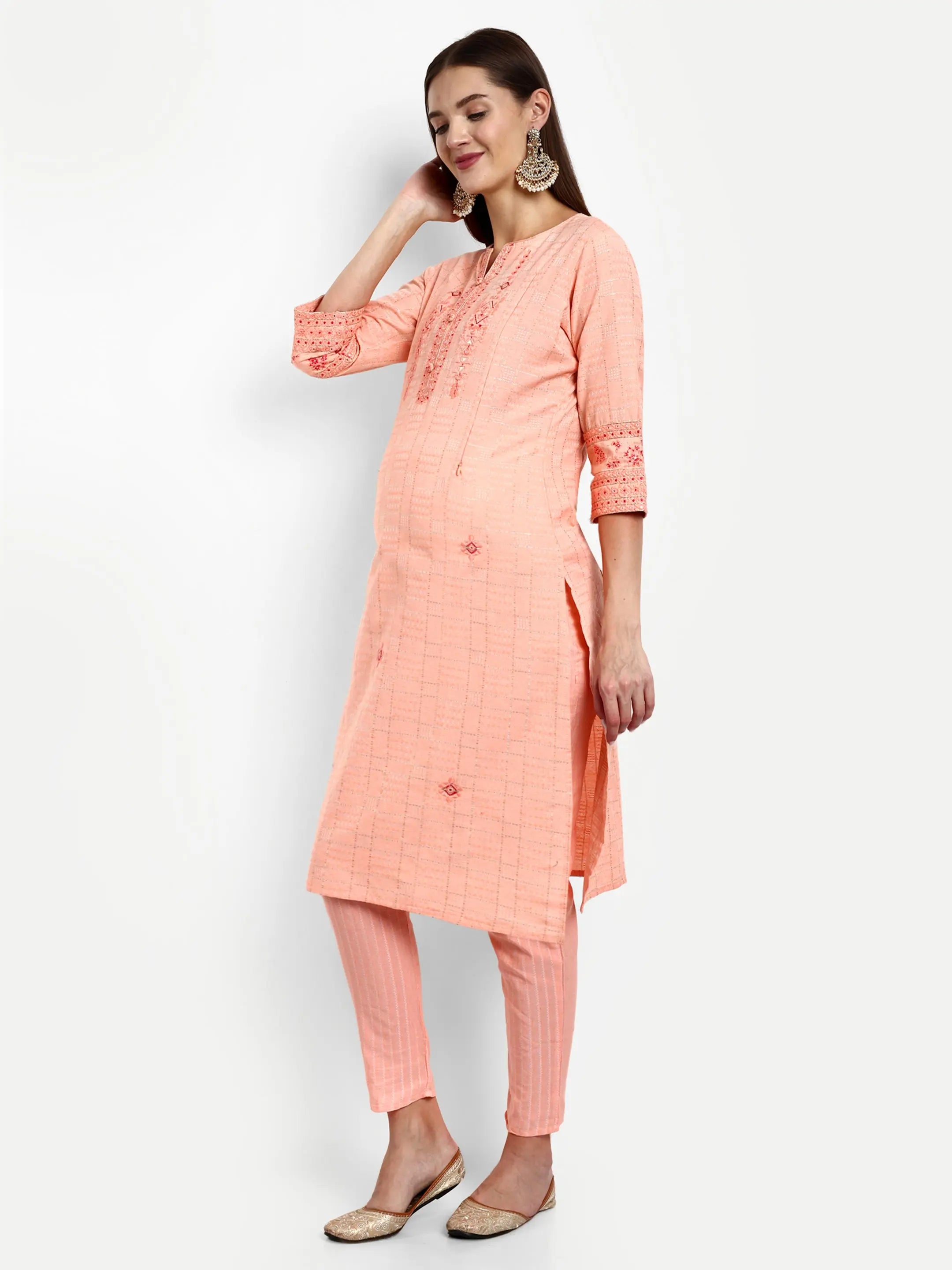 Cotton Lurex Embroided Kurta With Trouser And Dupatta For Feeding And Maternity mumzhug