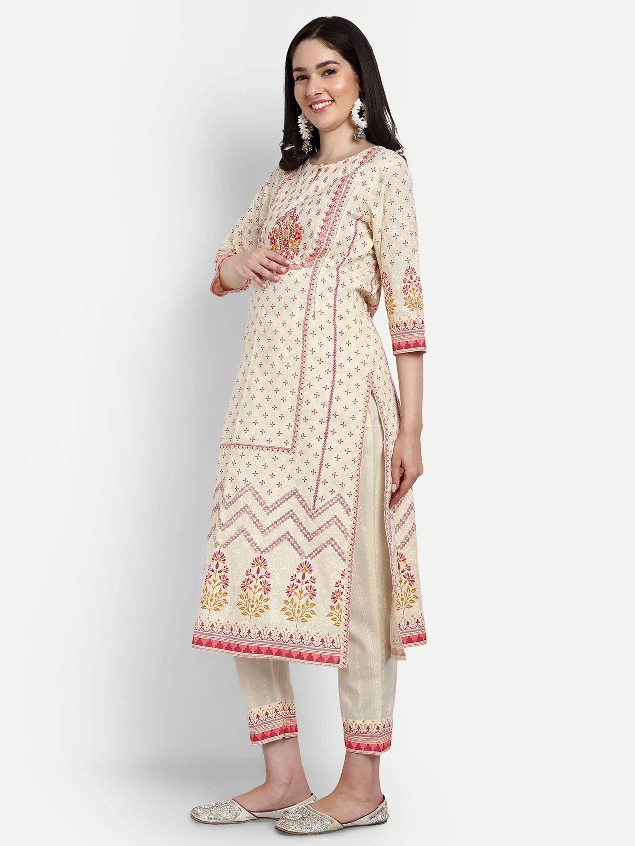 Mumzhug cotton Panel print embroidered kurta with attached lining, pant and dupatta for maternity and feeding purpose mumzhug