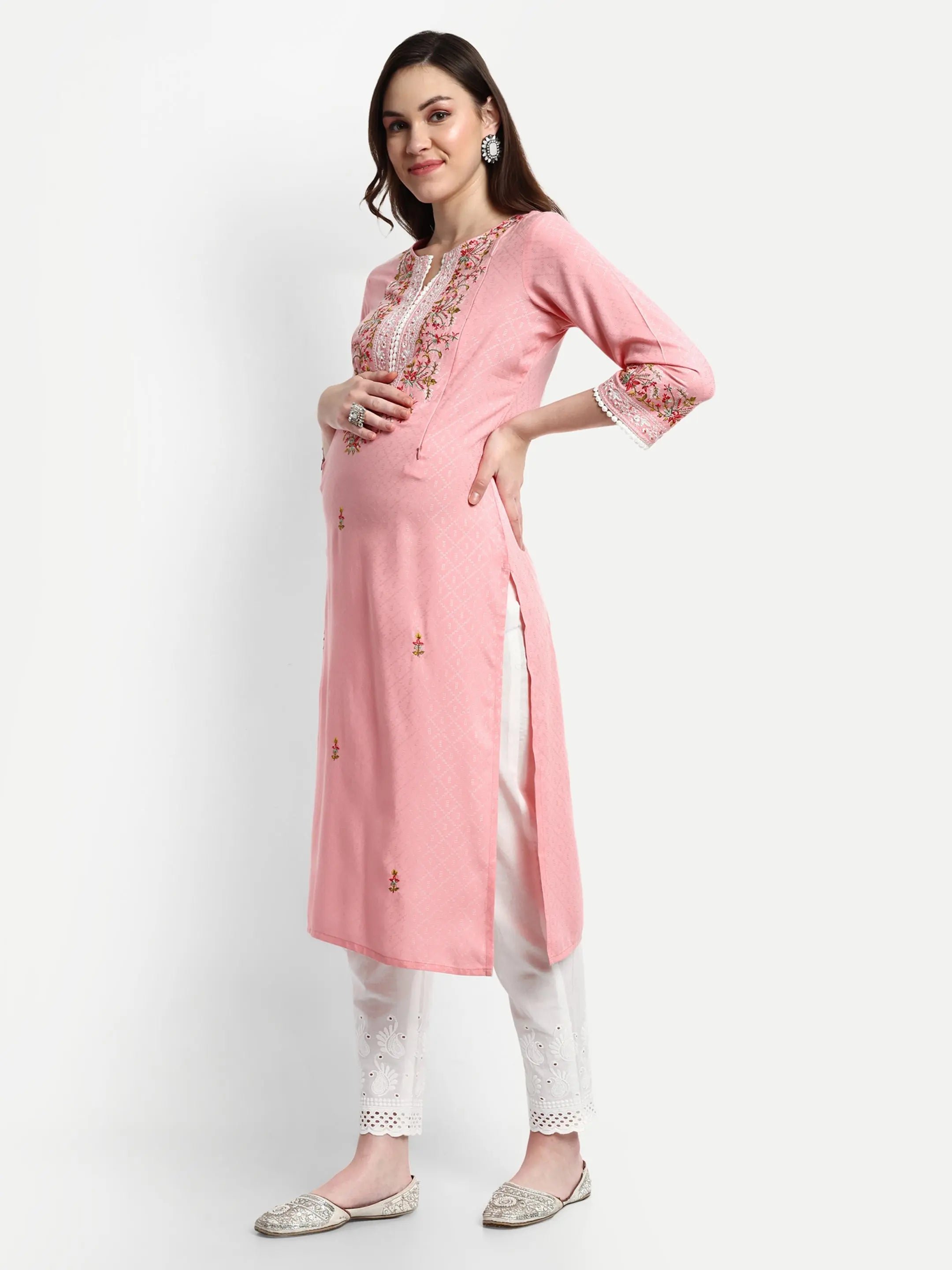 MUMZHUG Rayon Yarn Dyed Embroided Kurta with Cotton Schiffli Trouser for Feeding and Maternity Purpose mumzhug