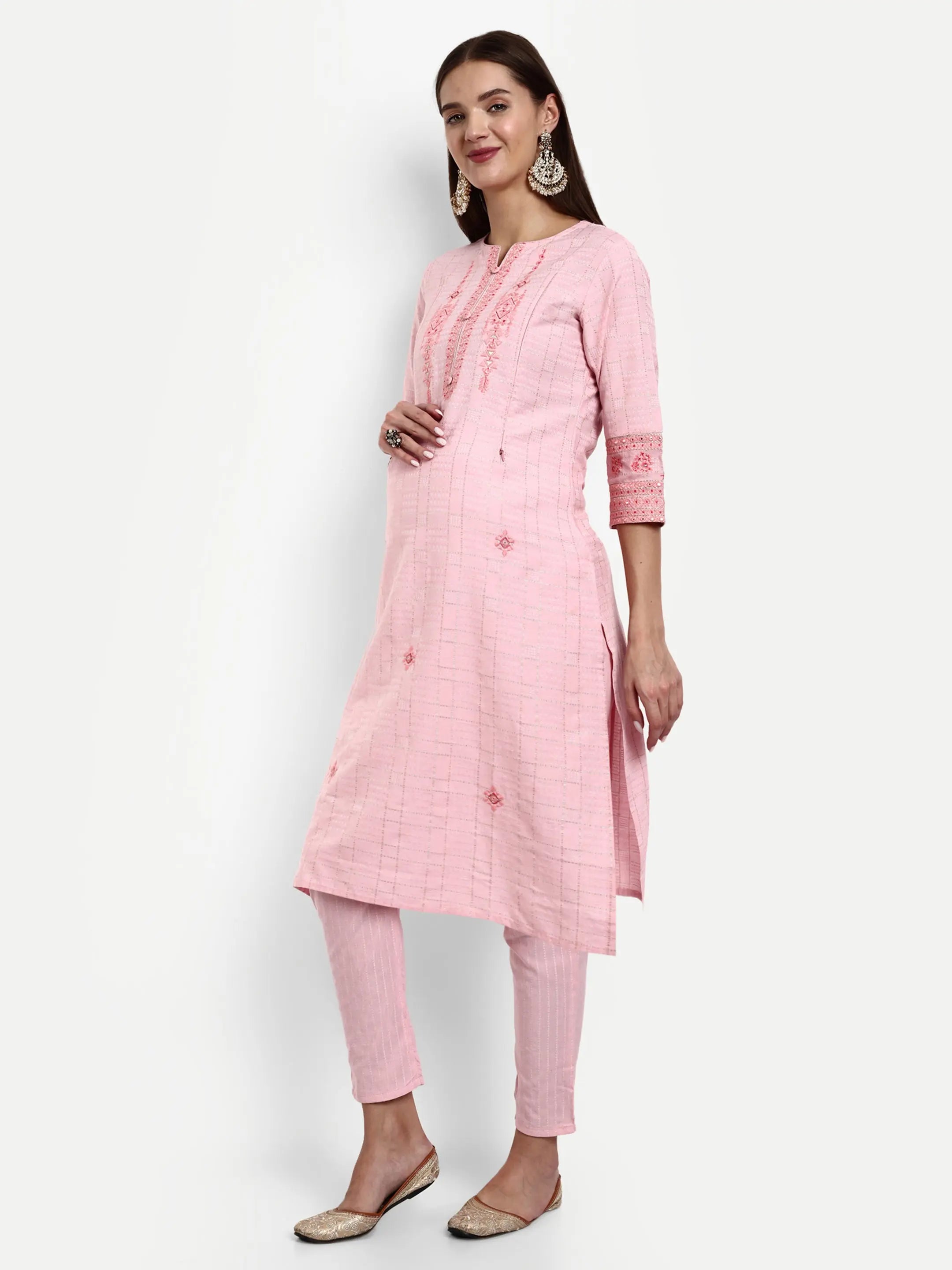 Cotton Lurex Embroided Kurta With Trouser And Dupatta For Feeding And Maternity mumzhug