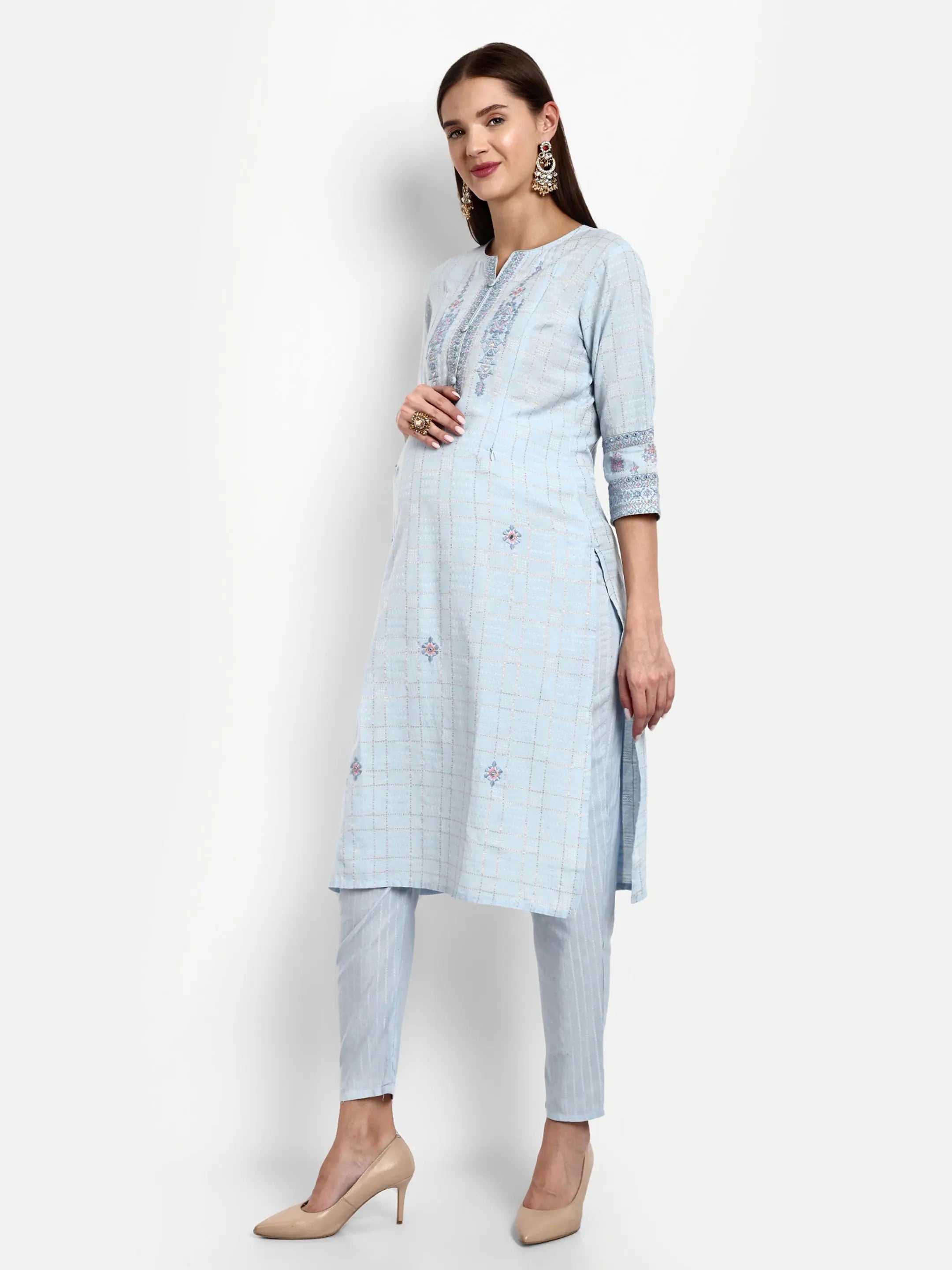 Cotton Lurex Embroided Kurta With Trouser And Dupatta For Feeding And Maternity mumzhug